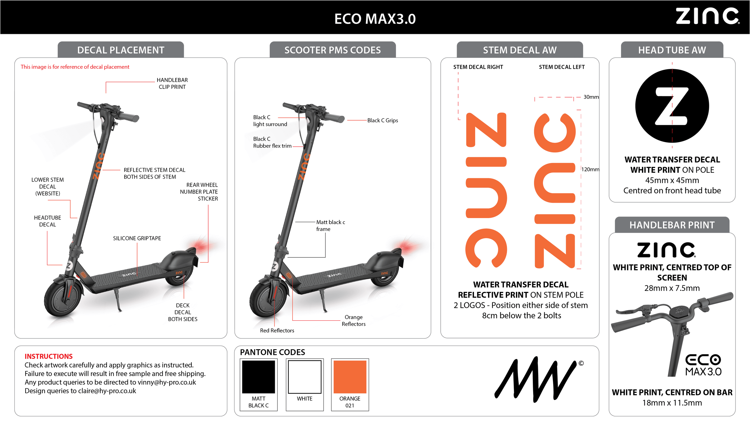 Design specifications and decal placement instructions for an Eco Max 3.0 scooter, including images of the scooter with labeled decal positions, decal details, and color codes.