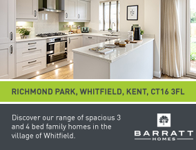 Bright kitchen with white cabinets and an island, large windows, and sliding glass doors leading outside. Green and black text overlays with property details.