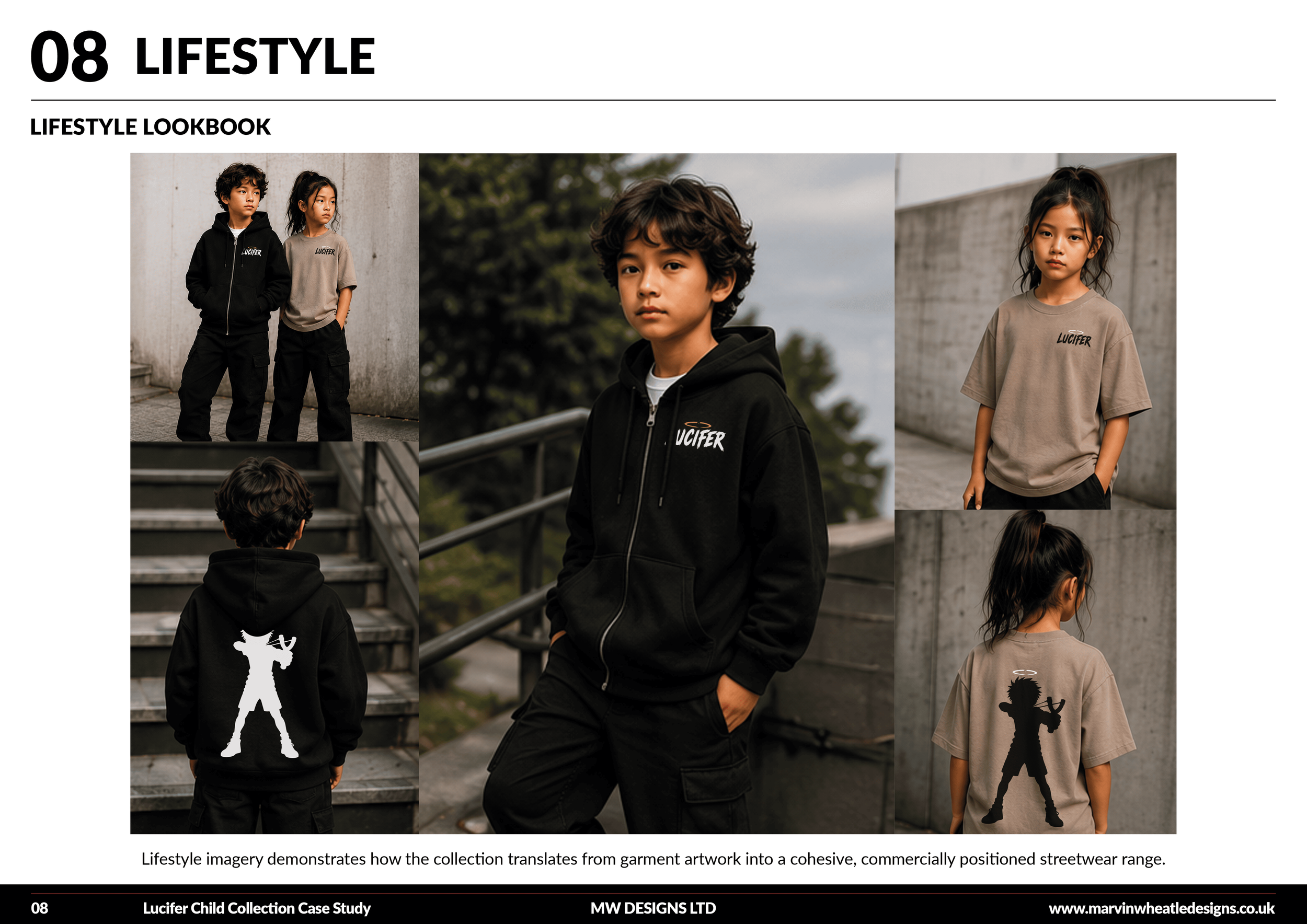 Three children modeling streetwear outfits outdoors, with a teenage boy in a black hoodie and two girls in gray T-shirts with "Lucifer" printed on them, and a black hoodie with a white graphic on the back. The background features concrete and city elements.