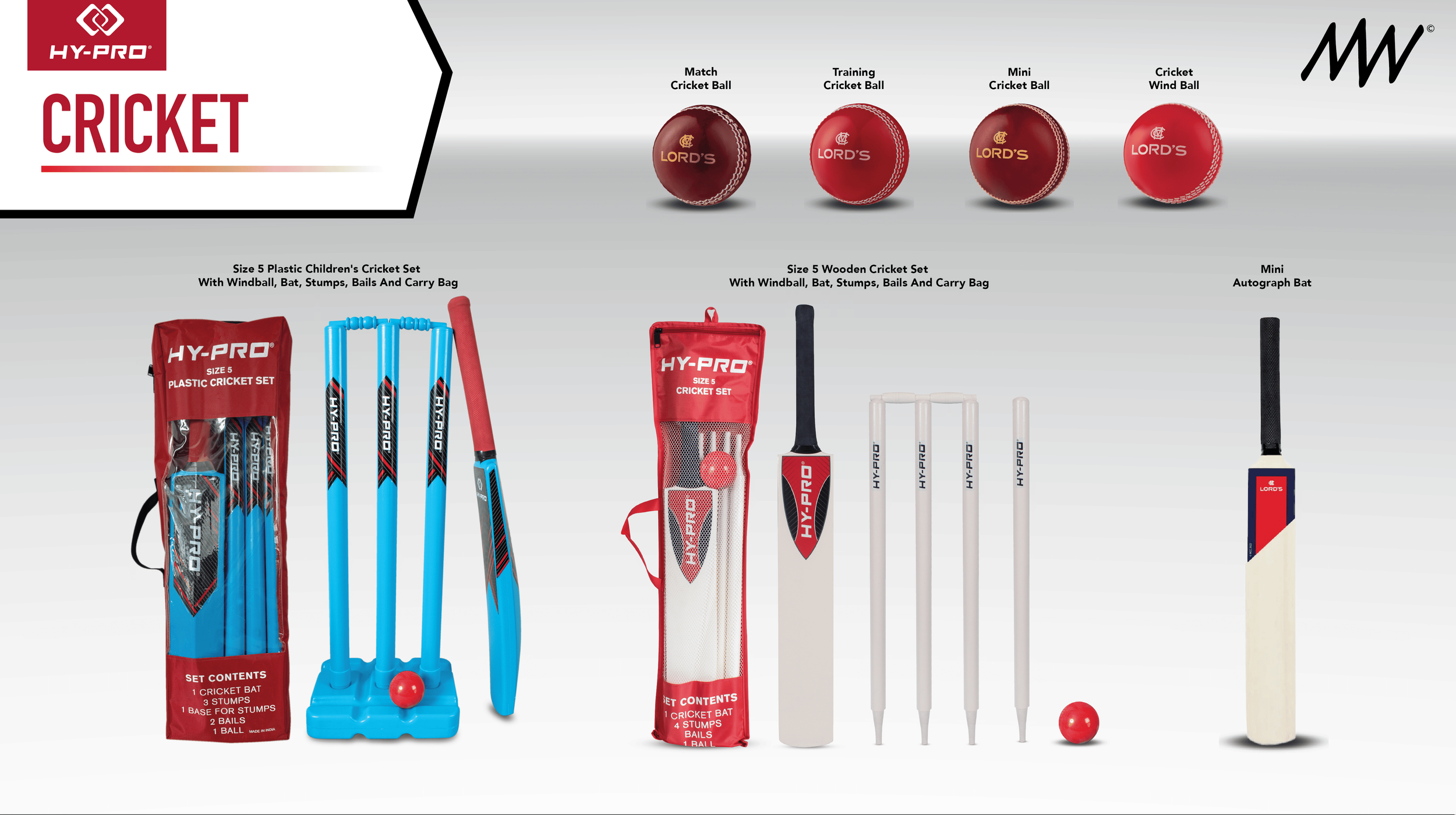 Image of various cricket equipment including plastic and wooden cricket sets, balls, and a bat, with a boxed set and individual items displayed on a plain background.