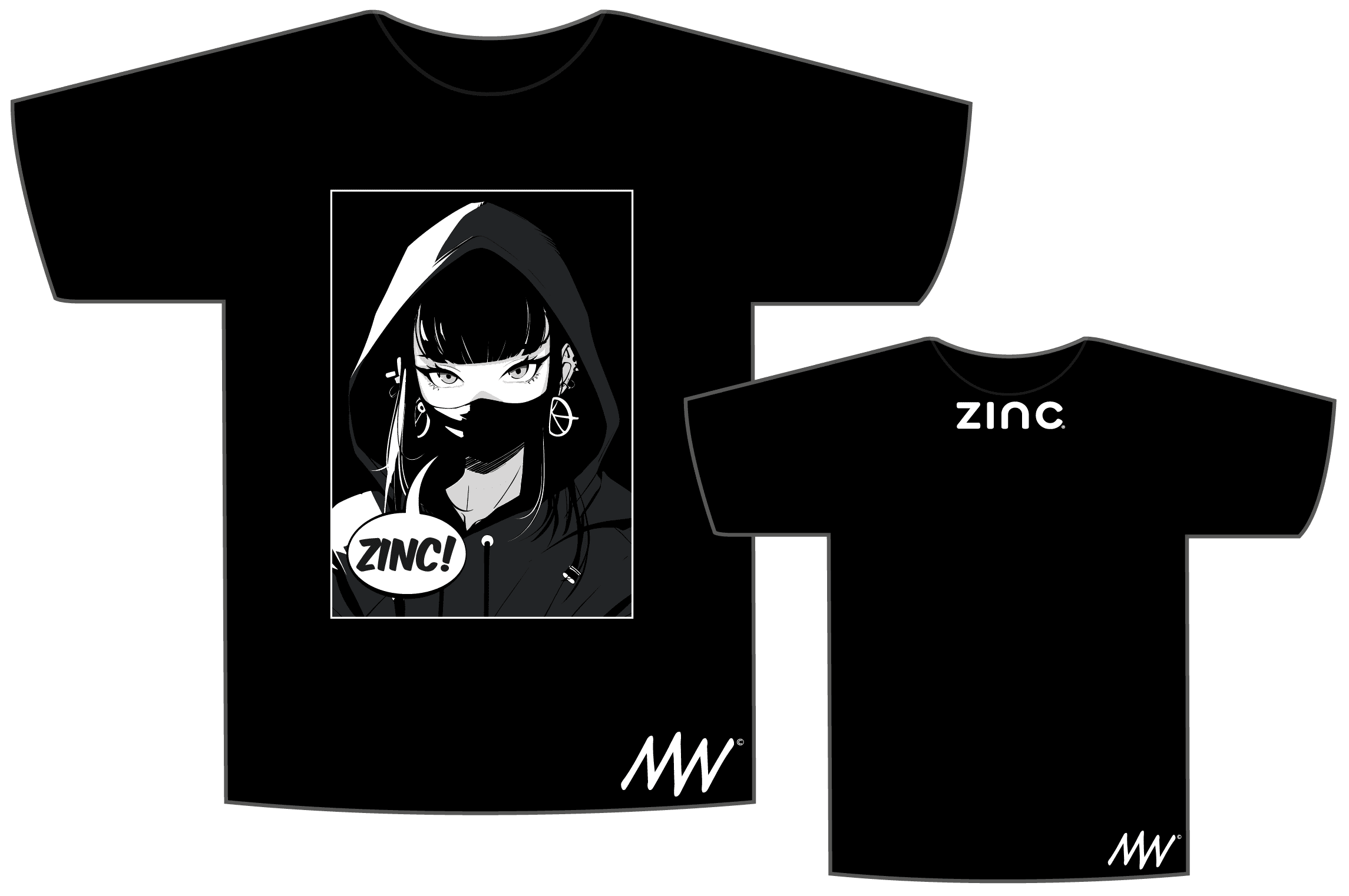 Black T-shirt with a graphic of a girl wearing a hood, face mask, and earrings, with a speech bubble saying 'ZINC!'; the back of the shirt has 'ZINC.' written in white text and a small logo at the bottom right.