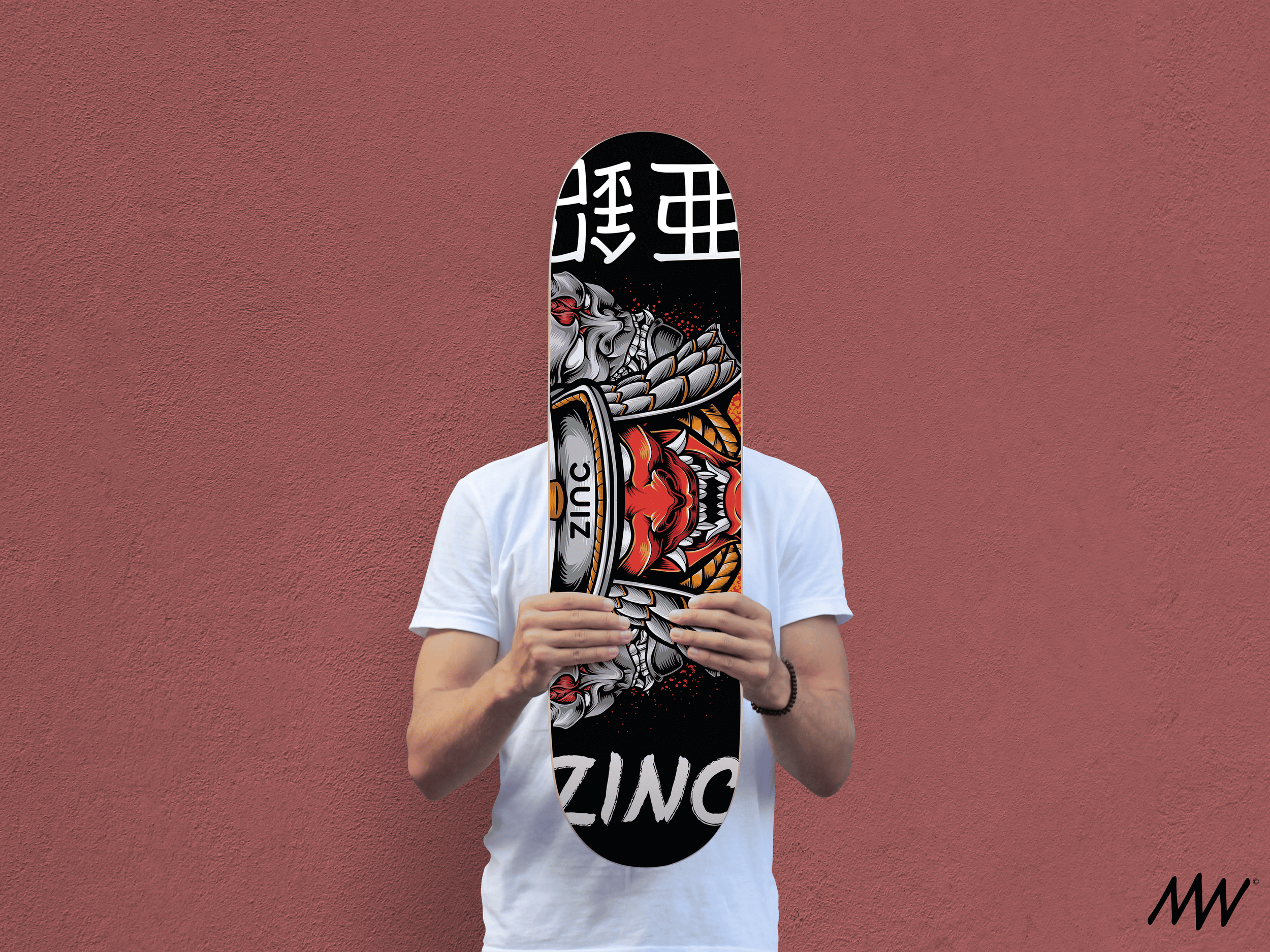 Person holding a skateboard with a colorful graphic design overlapping their face, standing against a red textured wall.
