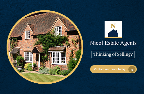 Logo for Nicol Estate Agents with a photo of a large brick house surrounded by greenery, and a button that says 'Contact our team today'.