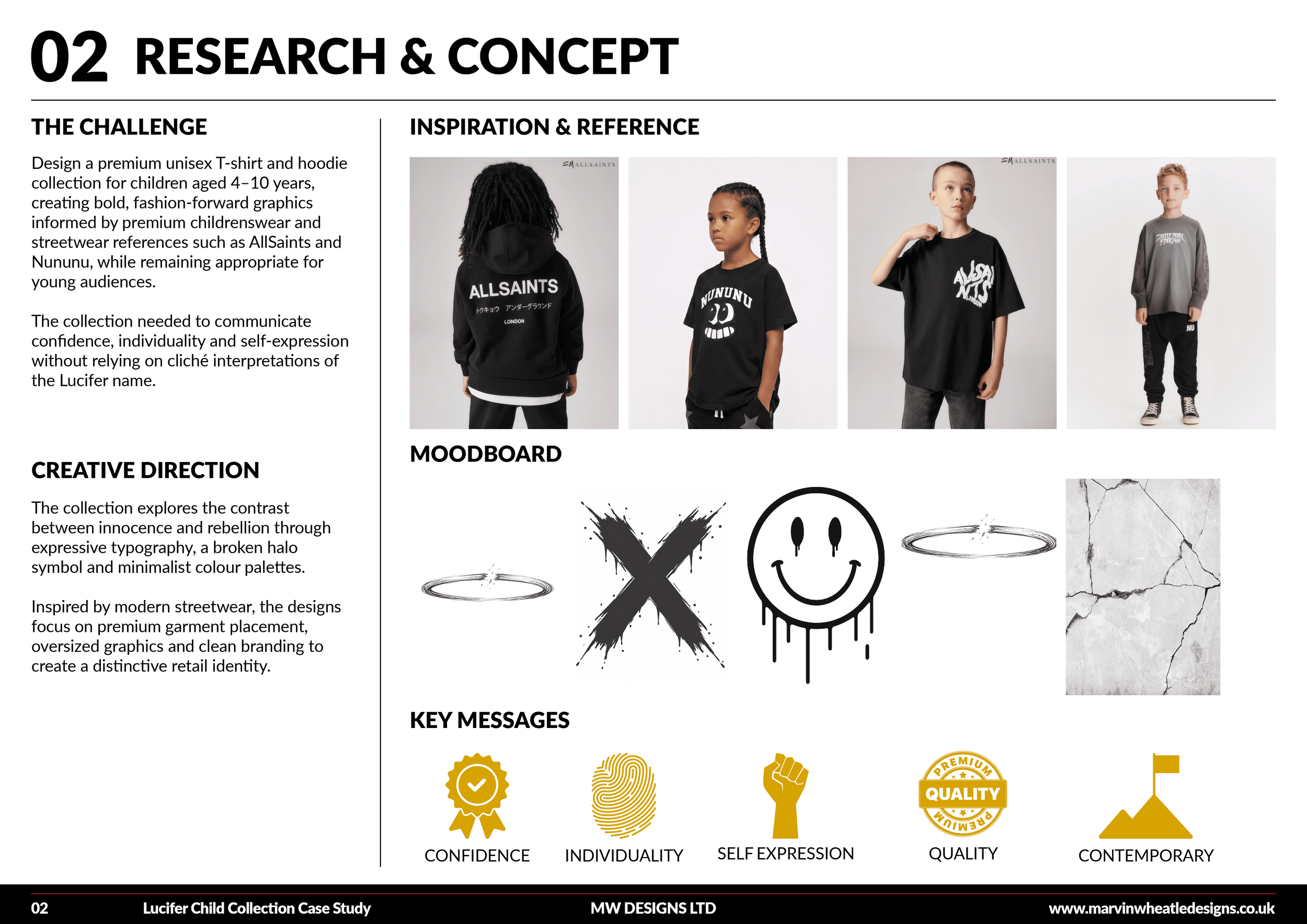 Page titled '02 Research & Concept' displaying images of children wearing streetwear t-shirts and hoodies, with a section on key messages including confidence, individuality, self-expression, quality, and contemporary style.