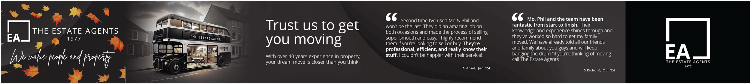 A promotional banner for The Estate Agents featuring a black vintage double-decker bus parked in front of houses, with autumn leaves around it. The banner promotes their real estate services and includes a testimonial and contact information.