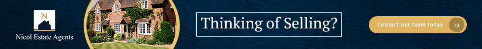 Banner ad for Nicol Estate Agents with an image of a large brick house and trees, asking 'Thinking of Selling?' and a button to contact the team.