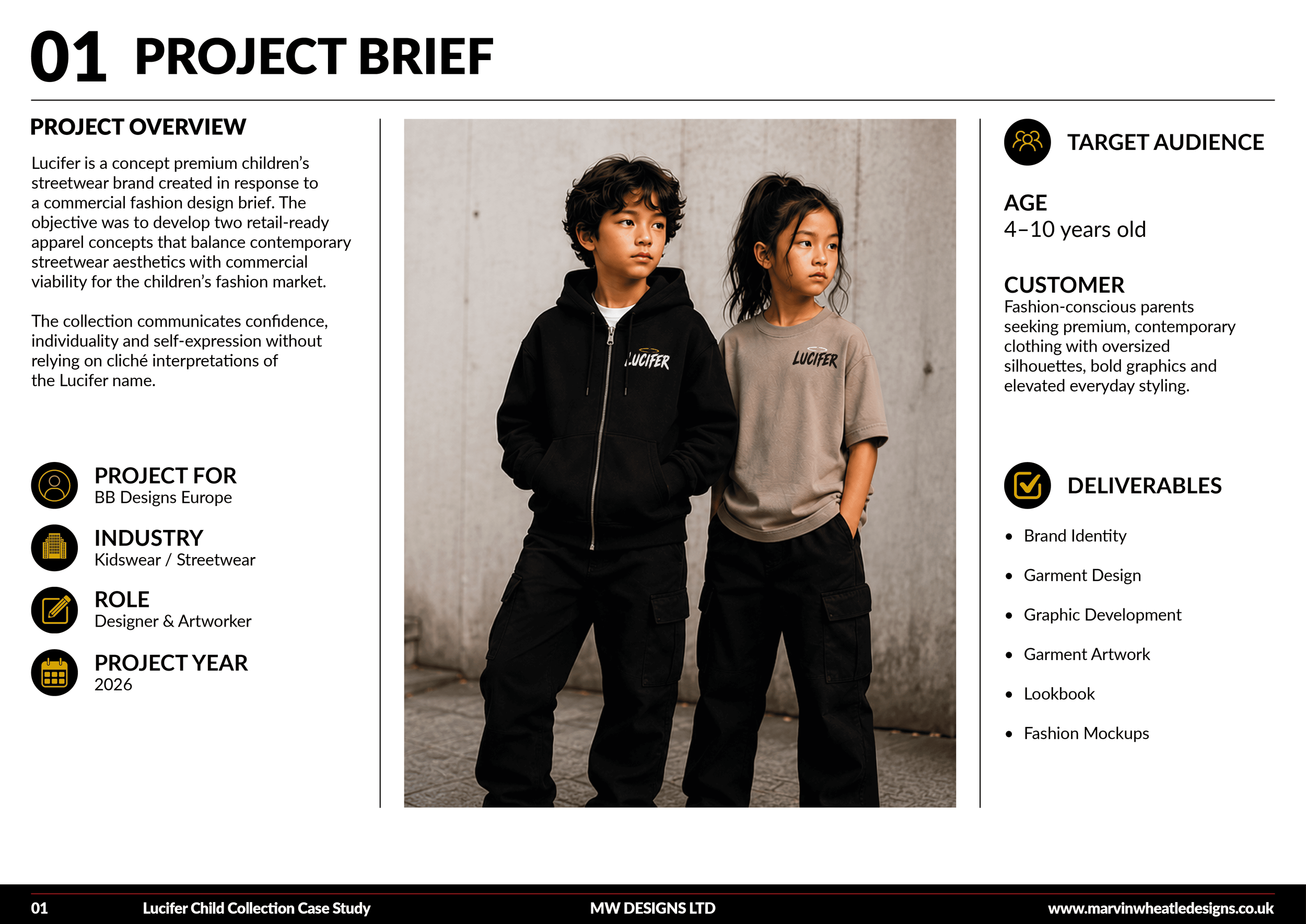Two children wearing black and gray hoodies with the word Lucifer printed on them, standing against a plain wall.
