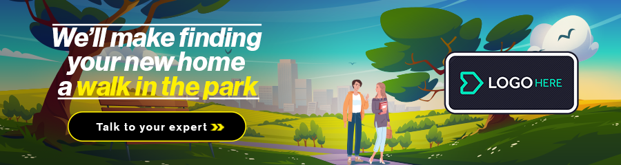 Digital advertisement with a park scene showing two people walking on a path, trees, and a city skyline in the background. Text promotes finding a new home with a walk in the park. There is a placeholder for a logo and a button labeled 'Talk to your expert'.