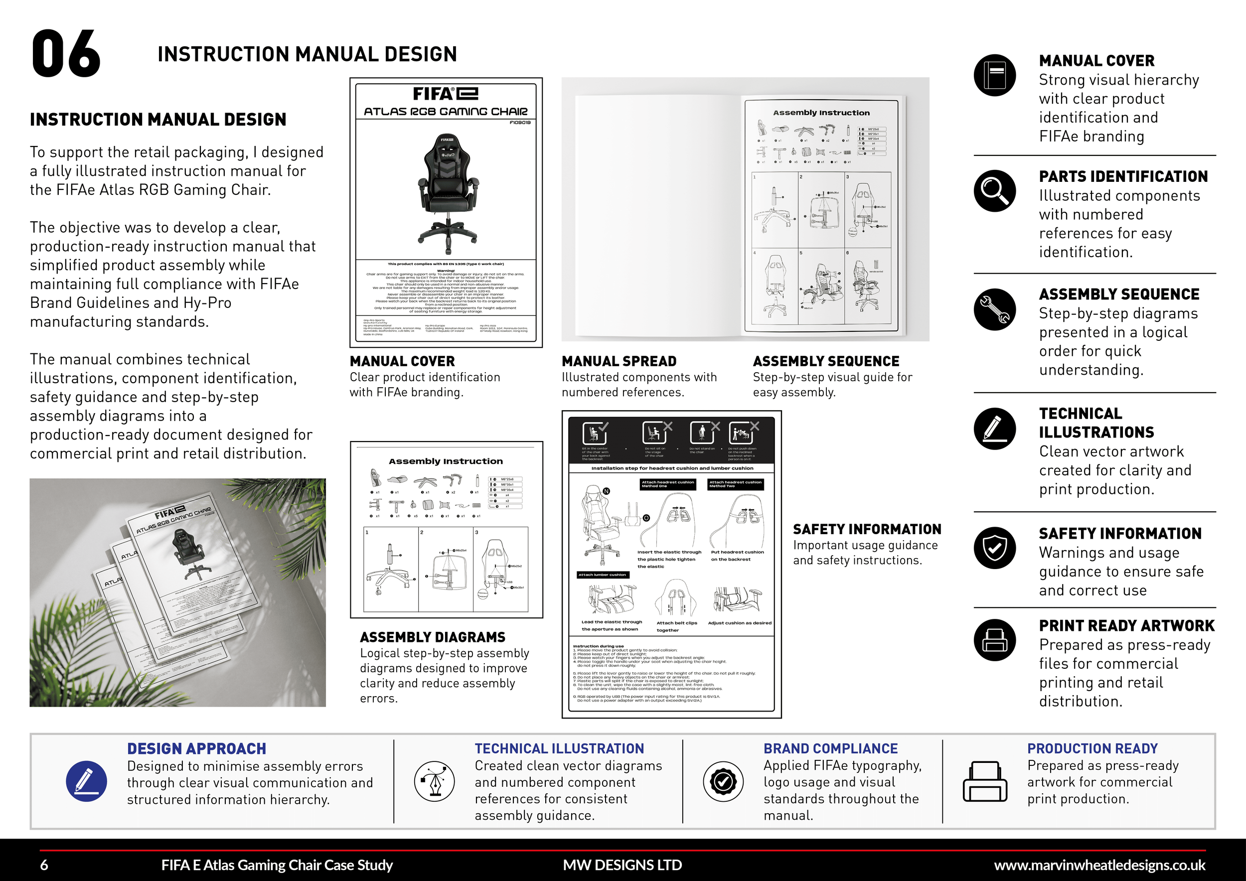 Page from an instruction manual design for the FIFAe Atlas RGB Gaming Chair. The page includes a manual cover with the chair's image, assembly instructions, diagrams, and safety information, all in black and white with text and illustrations.