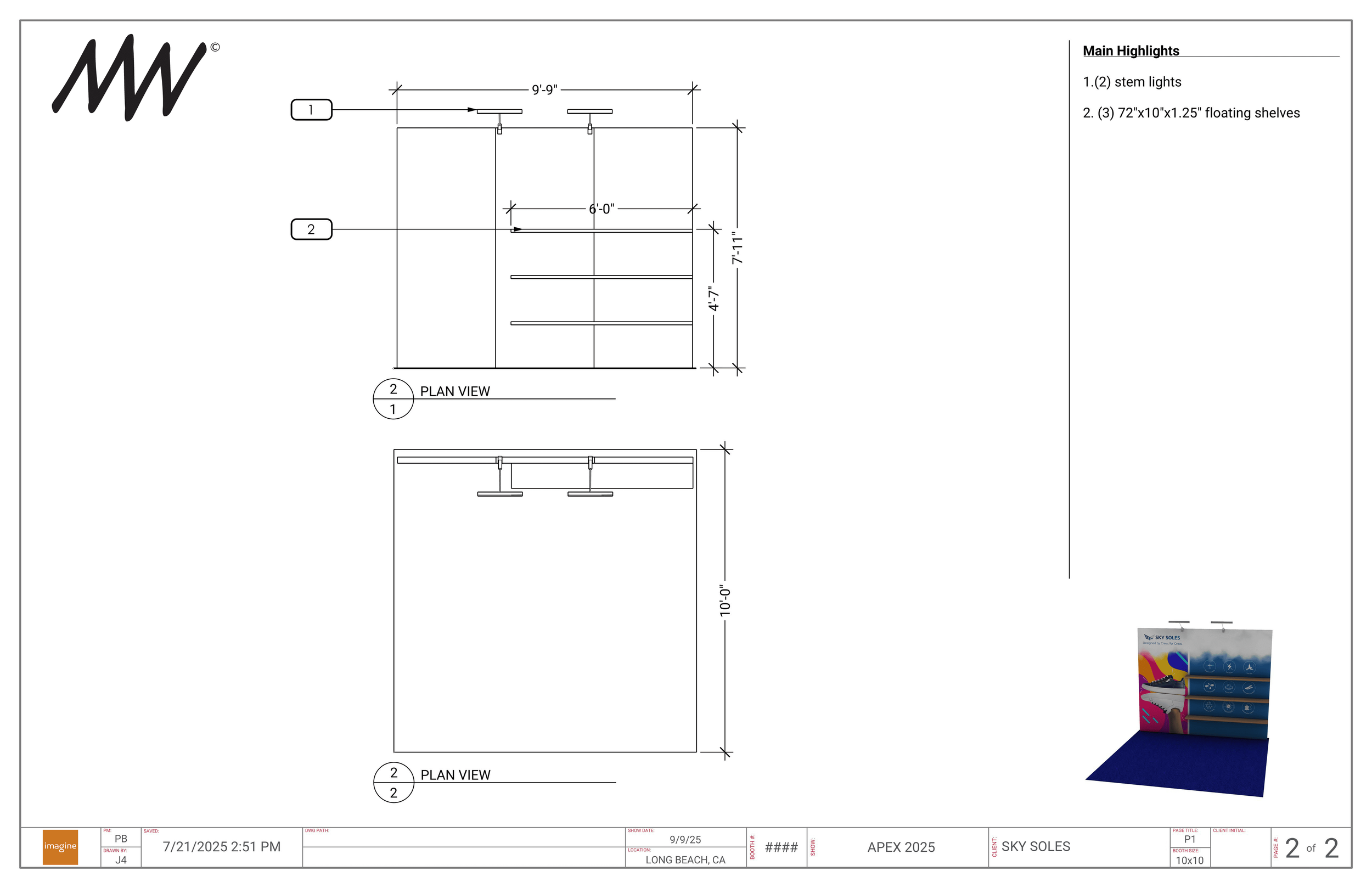 Technical drawing of a display unit with two floating shelves and two stem lights, with a 3D rendering of the assembled product in the bottom right corner.