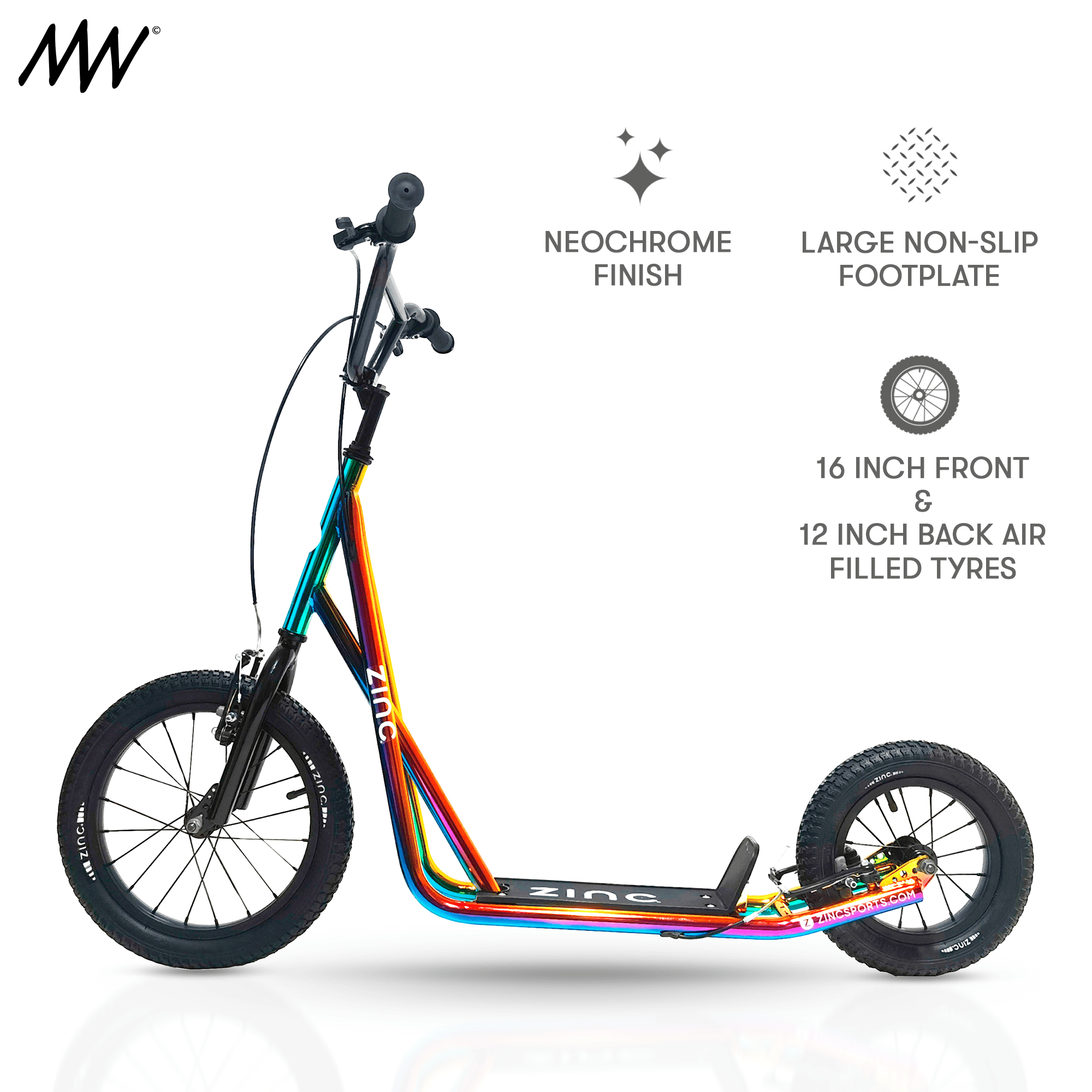 A colorful scooter with neon chrome finish, large non-slip footplate, and air filled tires, one 16 inch front tire and one 12 inch back tire.