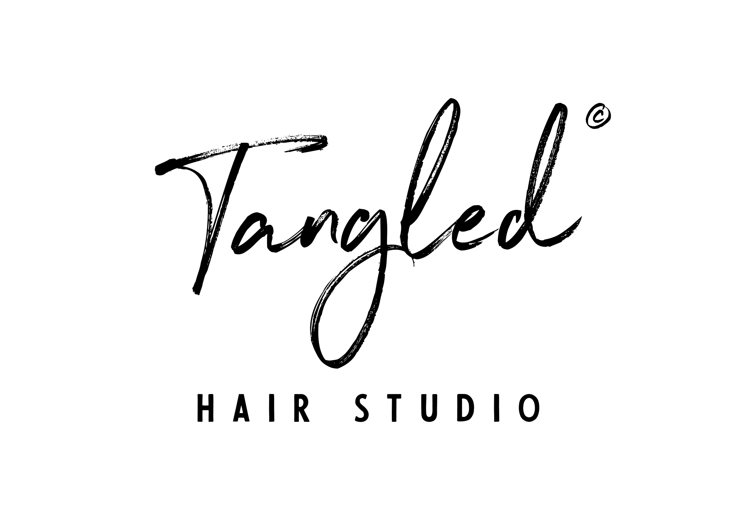 Logo for Tangled Hair Studio with stylized cursive 'Tangled' and smaller uppercase 'HAIR STUDIO' underneath.