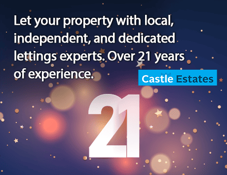 Text advertisement for Castle Estates, a property letting company celebrating 21 years of experience with a background of bokeh lights and stars.