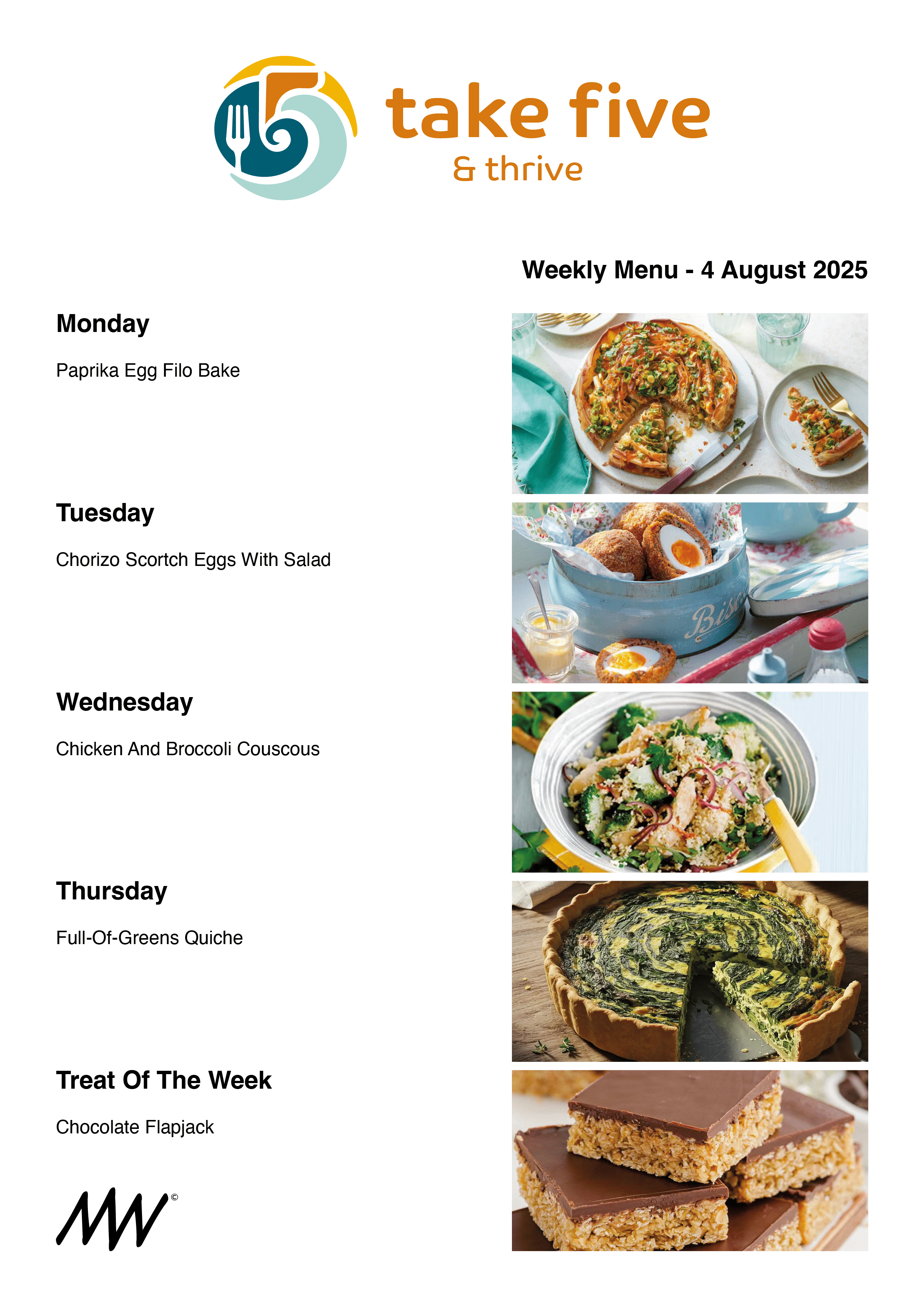 Weekly menu for August 4, 2025, featuring dishes for each day with photos: a pepperoni, vegetable, and cheese pizza for Monday; Scotch eggs with salad for Tuesday; chicken and broccoli couscous for Wednesday; a spinach and cheese quiche for Thursday; and chocolate flapjacks as the treat of the week.