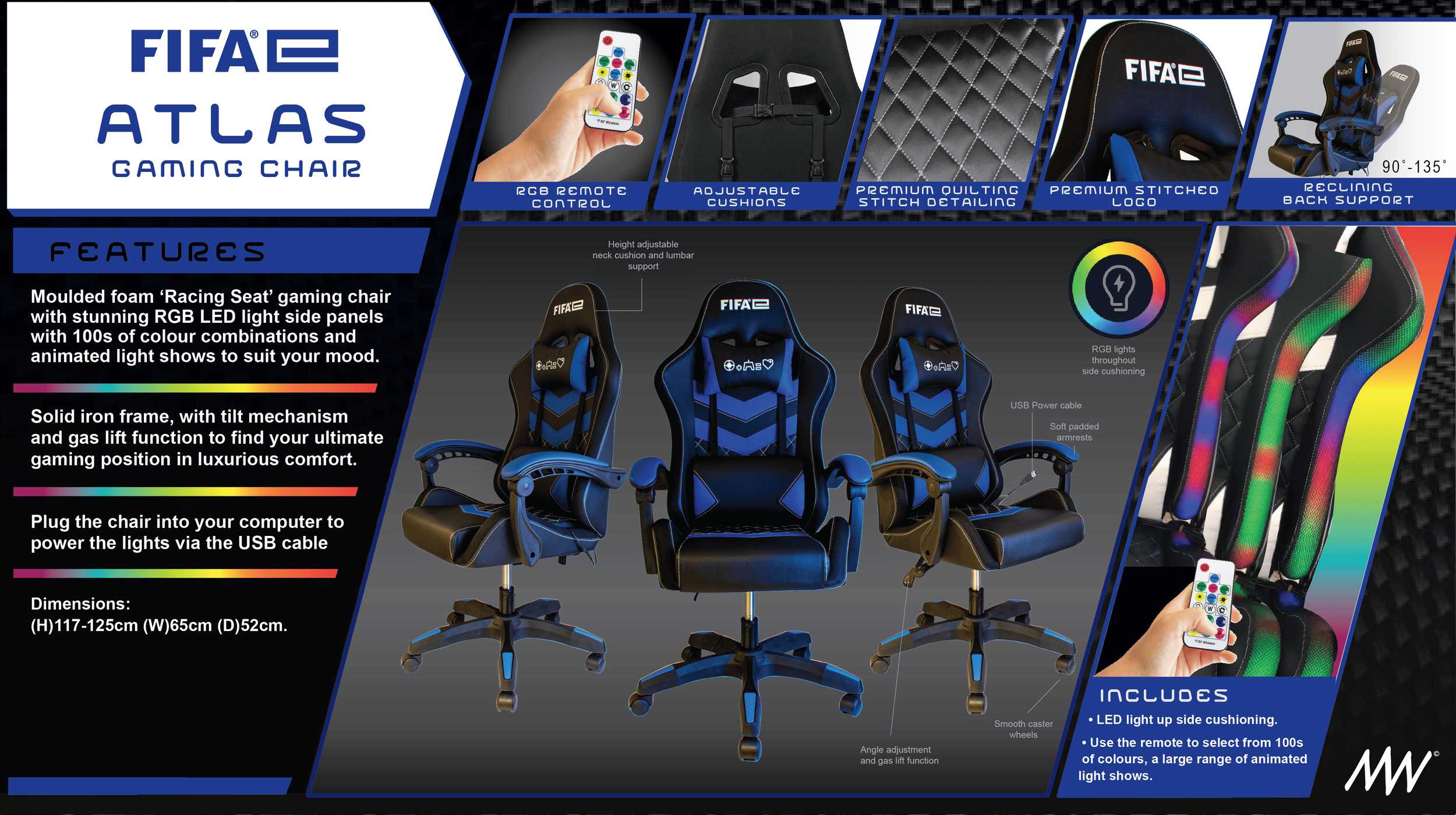 A promotional display for the FIFA Atlas Gaming Chair features images of the chair’s remote control, adjustable cushions, quilting stitch detailing, FIFA branding logo, and reclining back support. The chair is black with blue accents and has adjustable head and lumbar support, RGB LED side lighting, and a tilt and gas lift mechanism. The display highlights features, dimensions, and the remote control for lighting effects.
