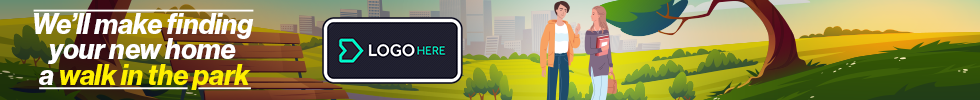 Illustration of two women walking in a park with trees and grass, with a city skyline in the background, and a sign with a customizable logo. Text overlay reads, 'We'll make finding your new home a walk in the park'.
