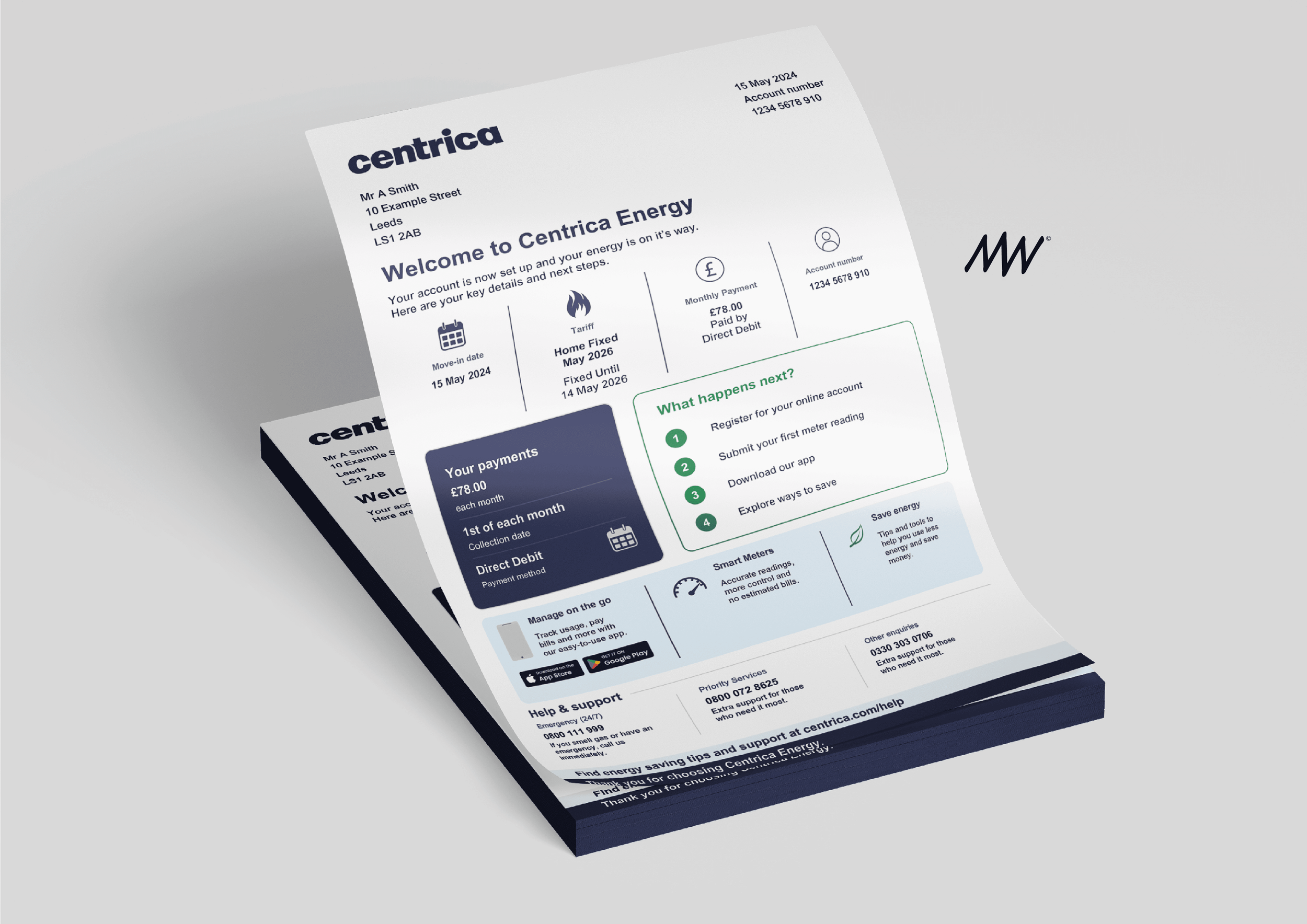 A printed energy bill from Centrica Energy with details about account, payment, and energy-saving tips.