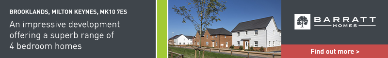 Image of a real estate advertisement showcasing new 4-bedroom homes in Brooklands, Milton Keynes, MK10 7ES, featuring an impression of development and a Barratt Homes logo with a red 'Find out more' button.