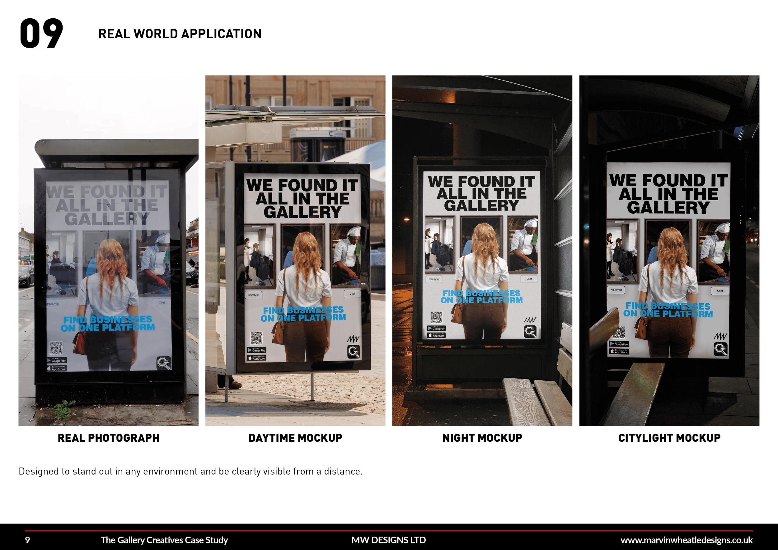 Sequence of four images showing Advertising mockups of a poster with a woman with red hair and a white shirt, with additional text in blue and black, promoting a business platform. The first is a real photograph of the poster in daylight, the second is a mockup in daytime, the third in night with lighting effects, and the last in city light conditions.