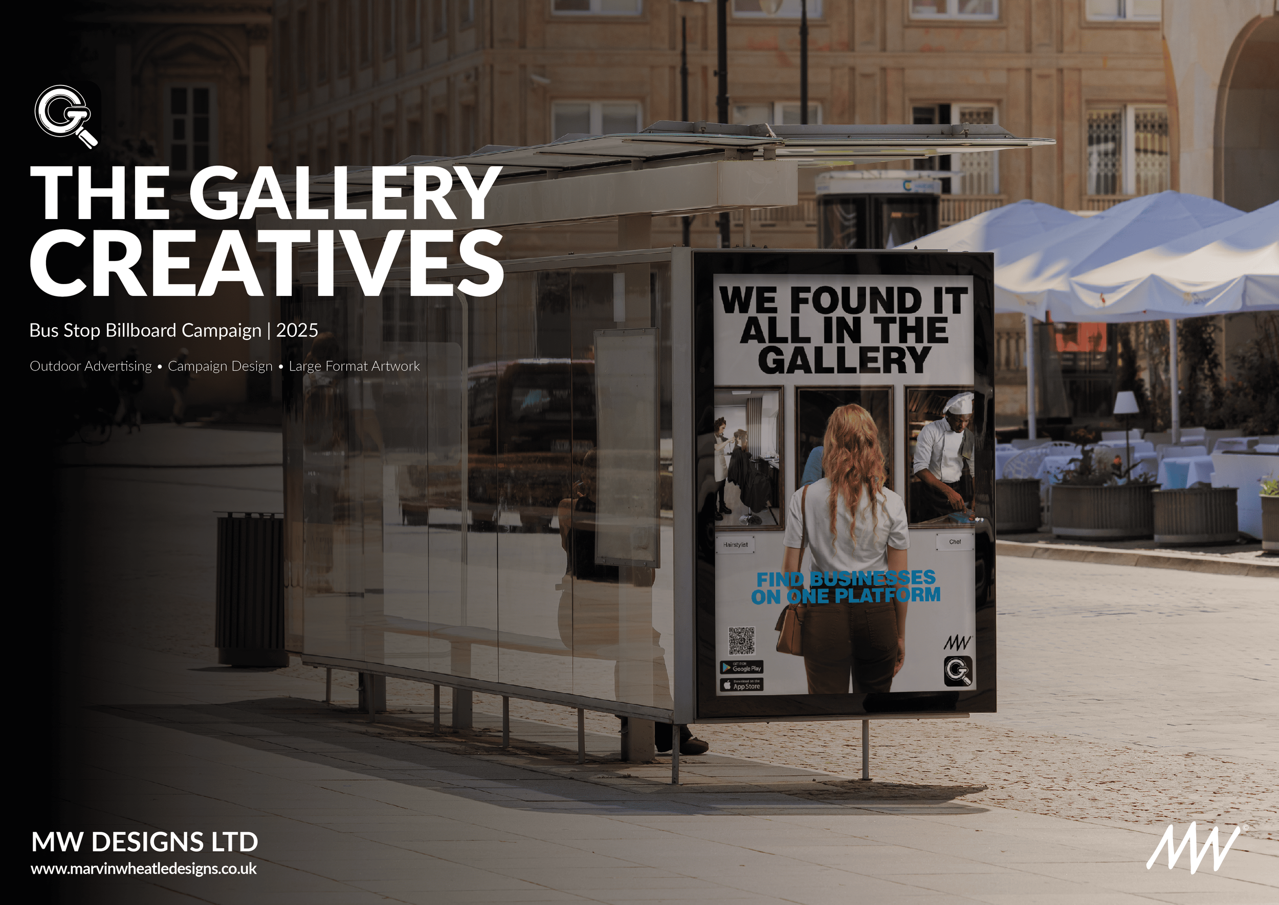 City bus stop with outdoor billboard advertising display, featuring text about a gallery campaign, with tents and a person looking at the billboard, in an urban setting with historic buildings.