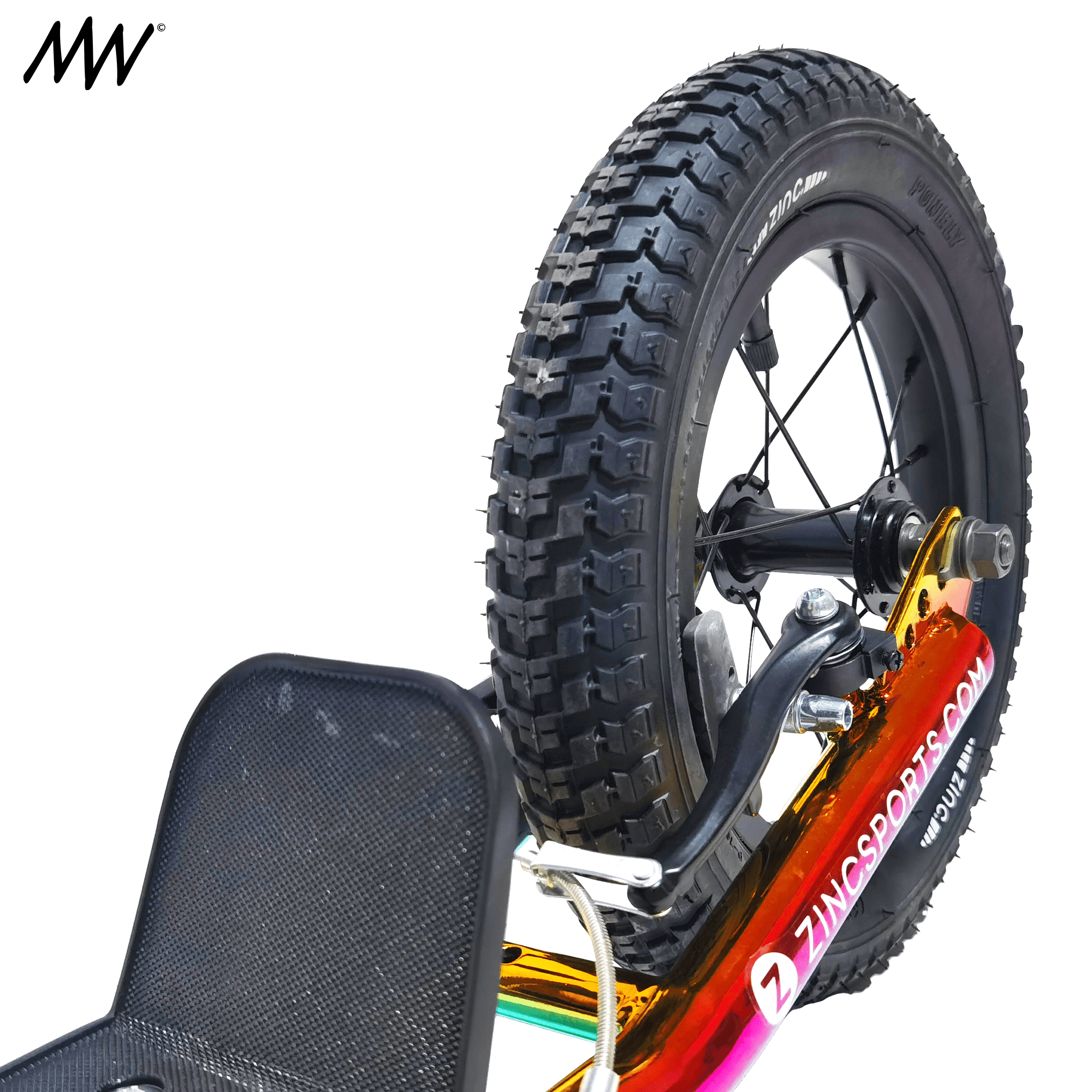 Close-up of the wheel and frame of a bicycle with a black saddle and colorful frame with text reading 'ZINGSPORTS.COM'.