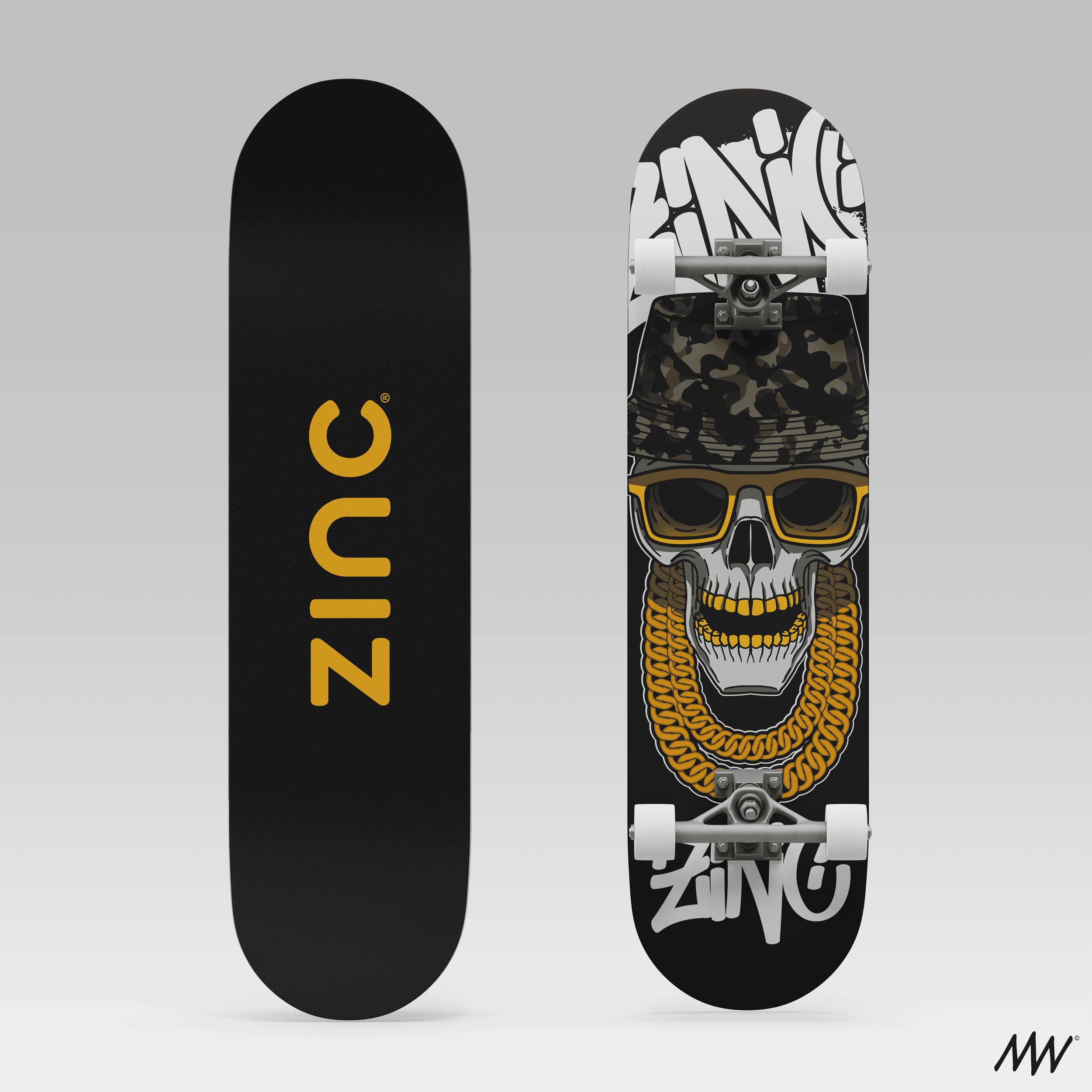 Two skateboards, one with a black grip tape with 'Zinc' in yellow letters, the other with a graphic of a skull wearing sunglasses, a camouflage cap, and gold chains.
