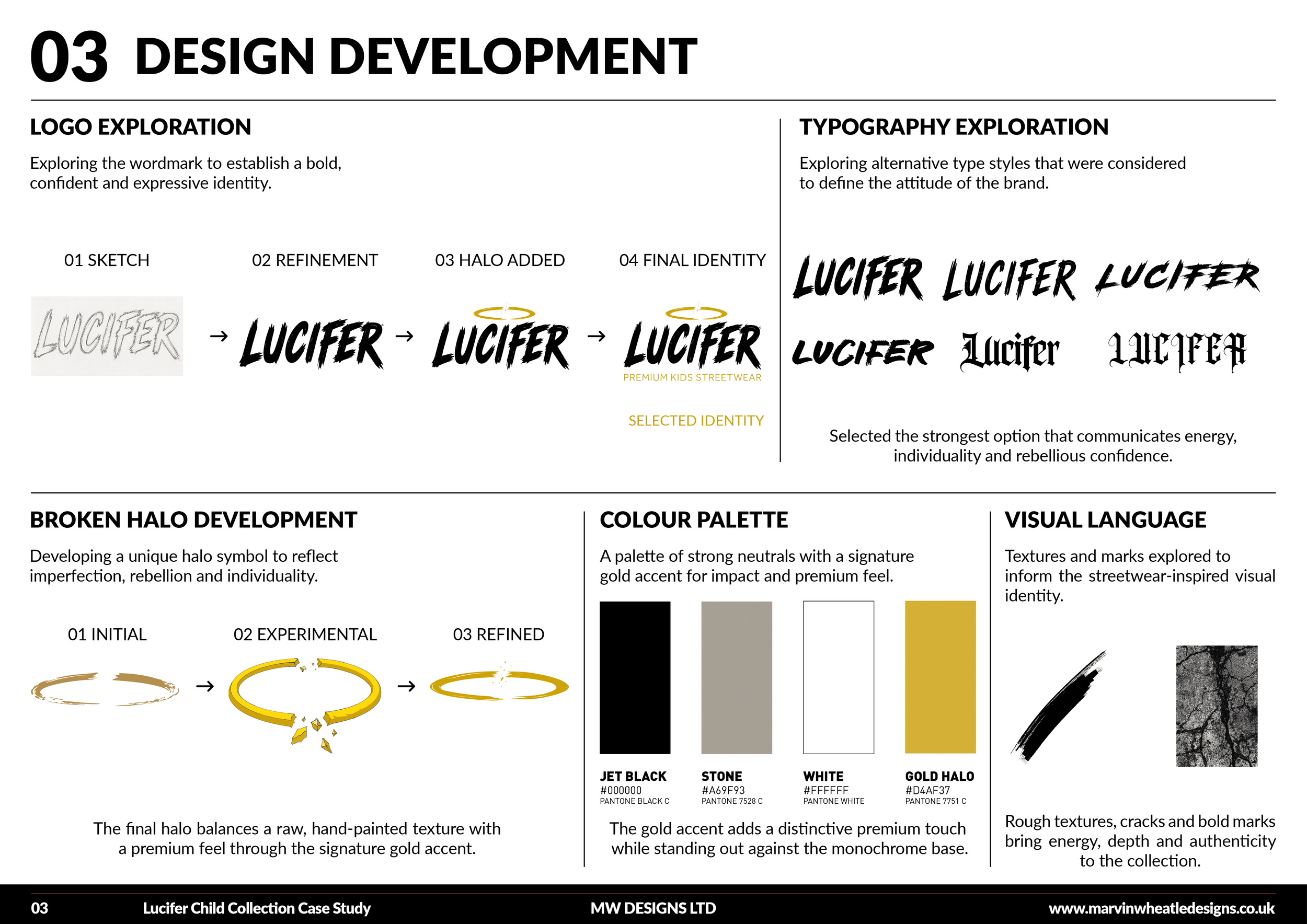 Design development guide with sections exploring logo concepts and typography styles, including sketches of the word 'Lucifer' and font options, color palette featuring black, stone gray, white, and gold, and texture samples like rough cracked textures and marble patterns. The guide emphasizes balance between raw textures and a refined gold accent for a streetwear-inspired visual identity.