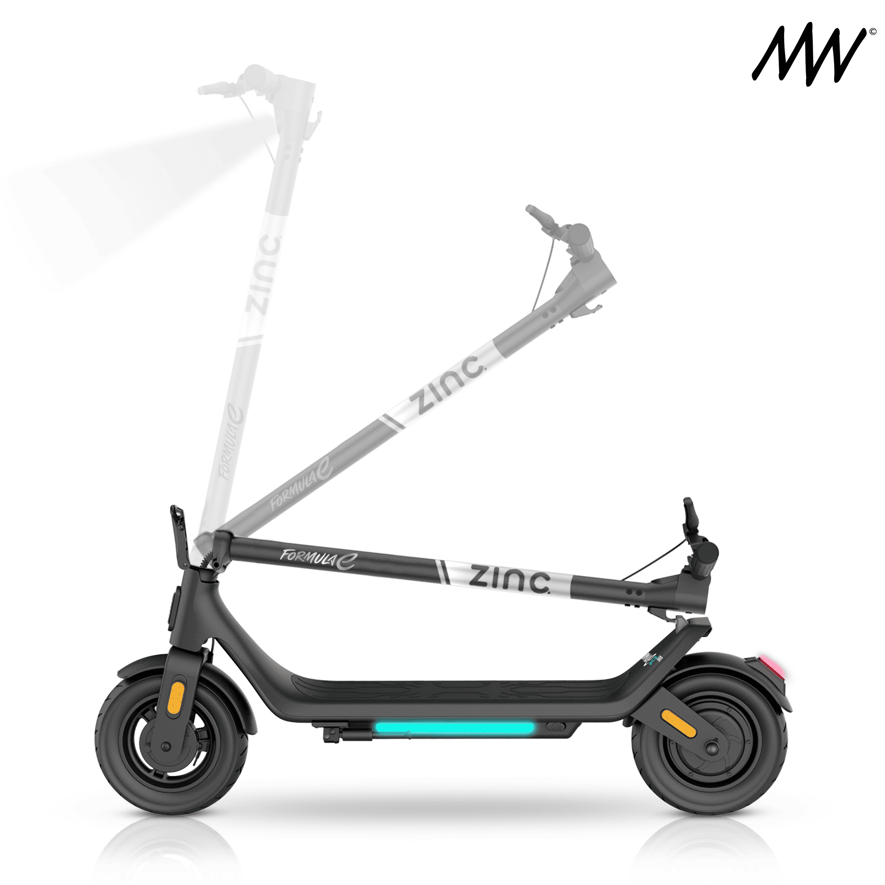 Black electric scooter with 'Zinc' branding and a glowing blue light under the deck, shown in multiple transparency overlays to depict motion.