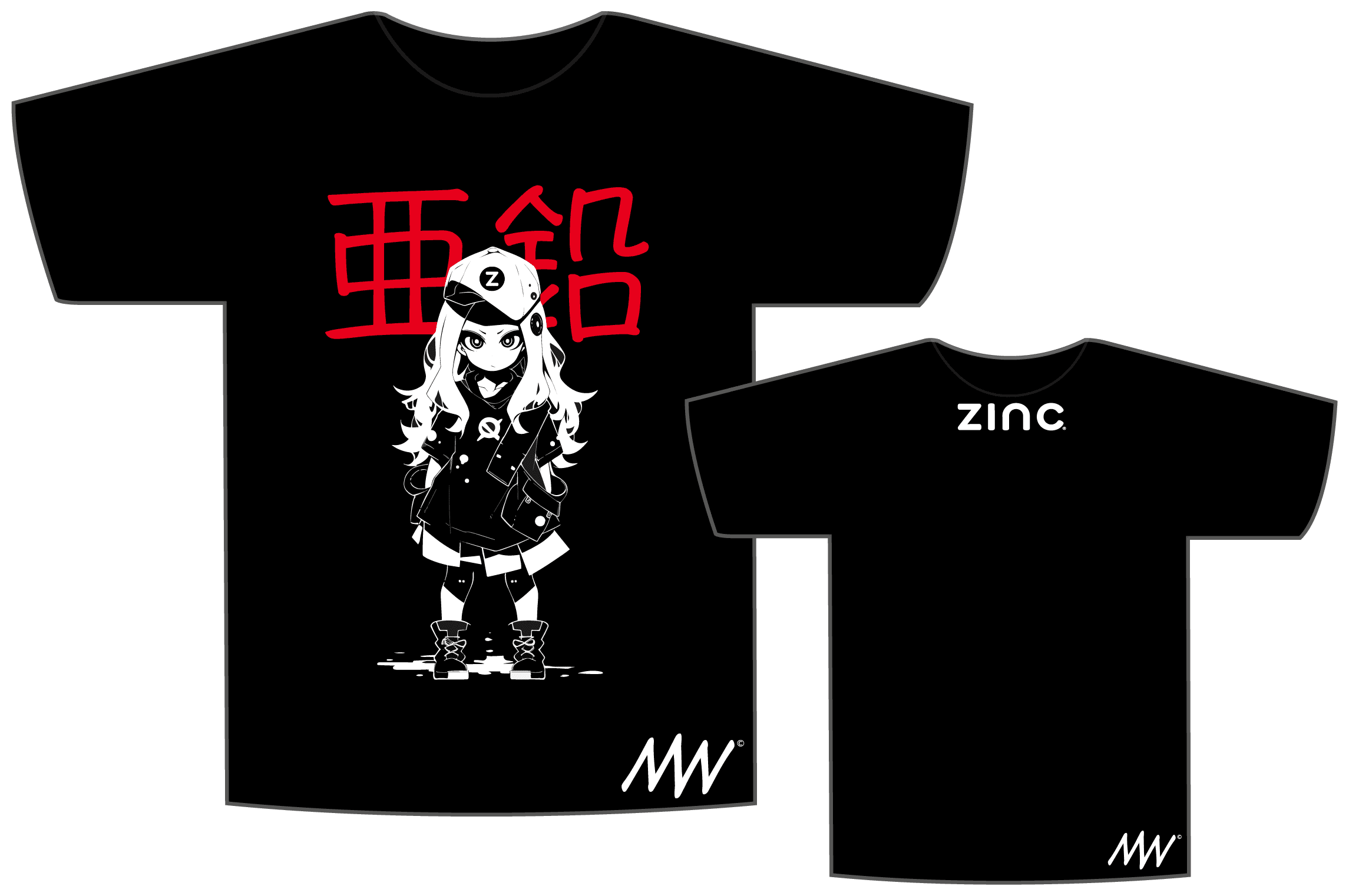 Black T-shirt with a graphic of a female cartoon character wearing a helmet and punk style clothing, with red Chinese characters in the background. The back of the shirt has the word "ZINC" in white.