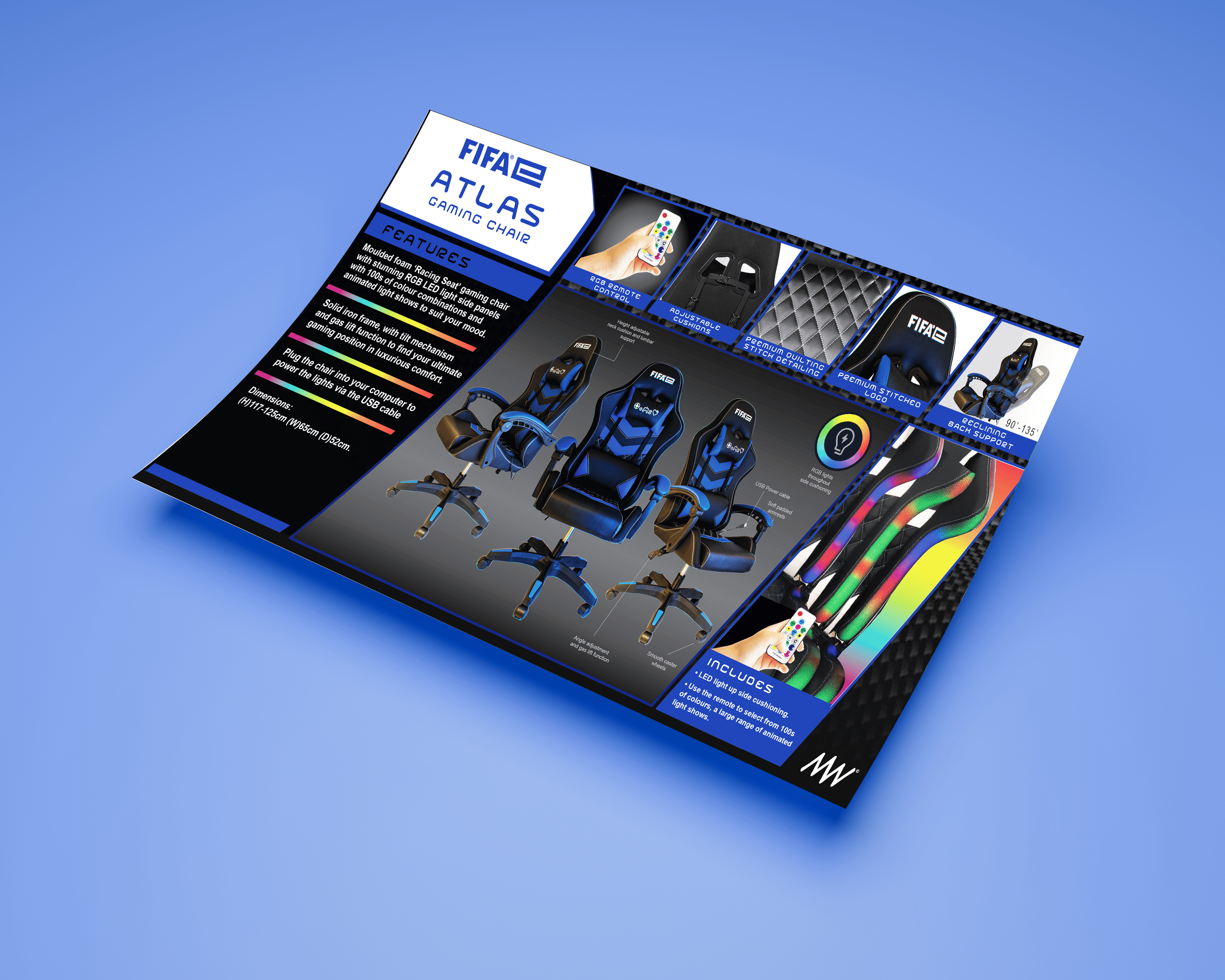 Product catalog showing FIFA-themed gaming chairs, RGB LED light-up cushions, and accessories like remotes and head support cushions, with detailed features and specifications.