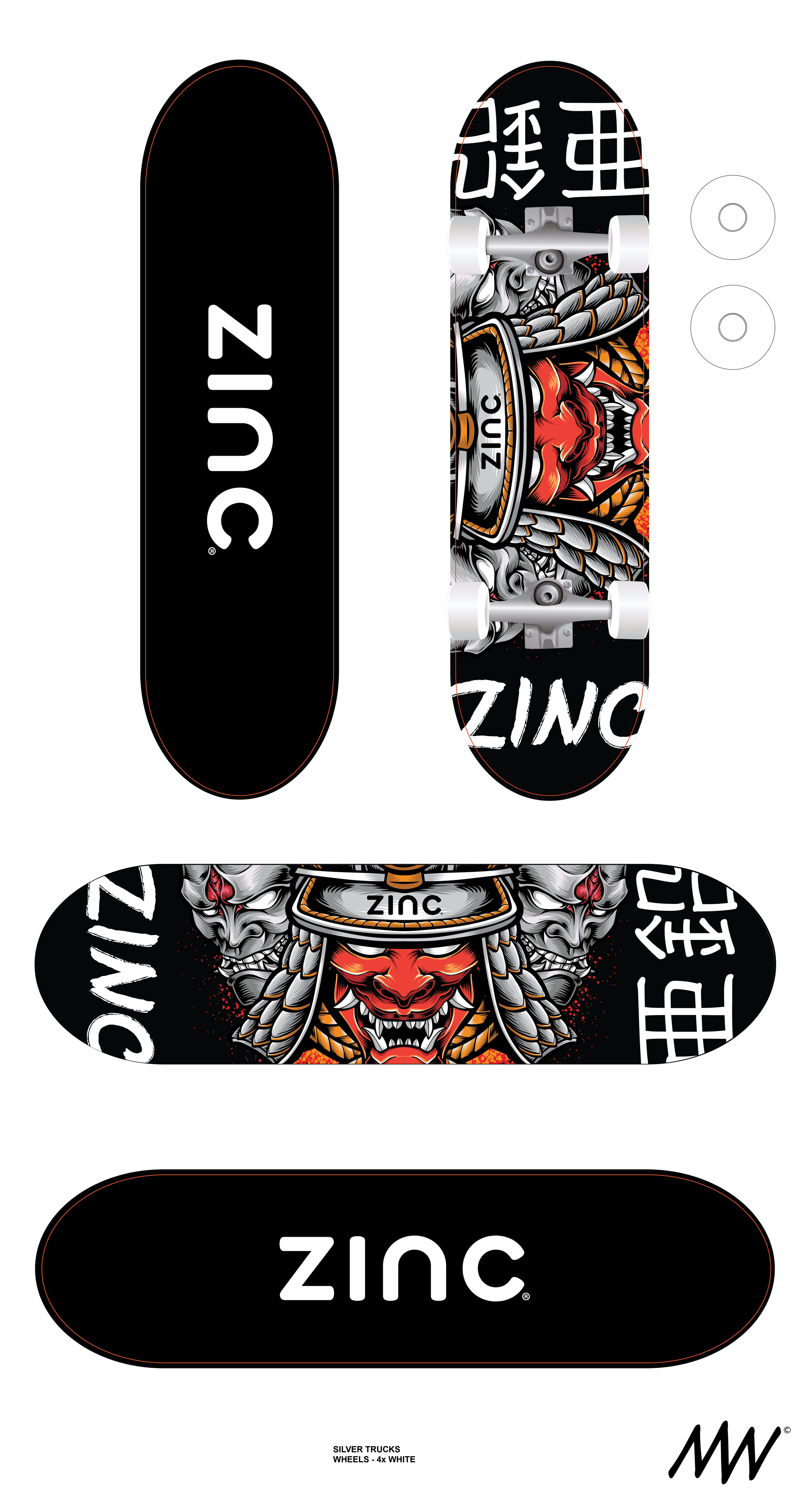 Deck of five skateboards with black and colorful designs, featuring a fierce red tiger and silver skulls, branded with the word 'Zinc'.