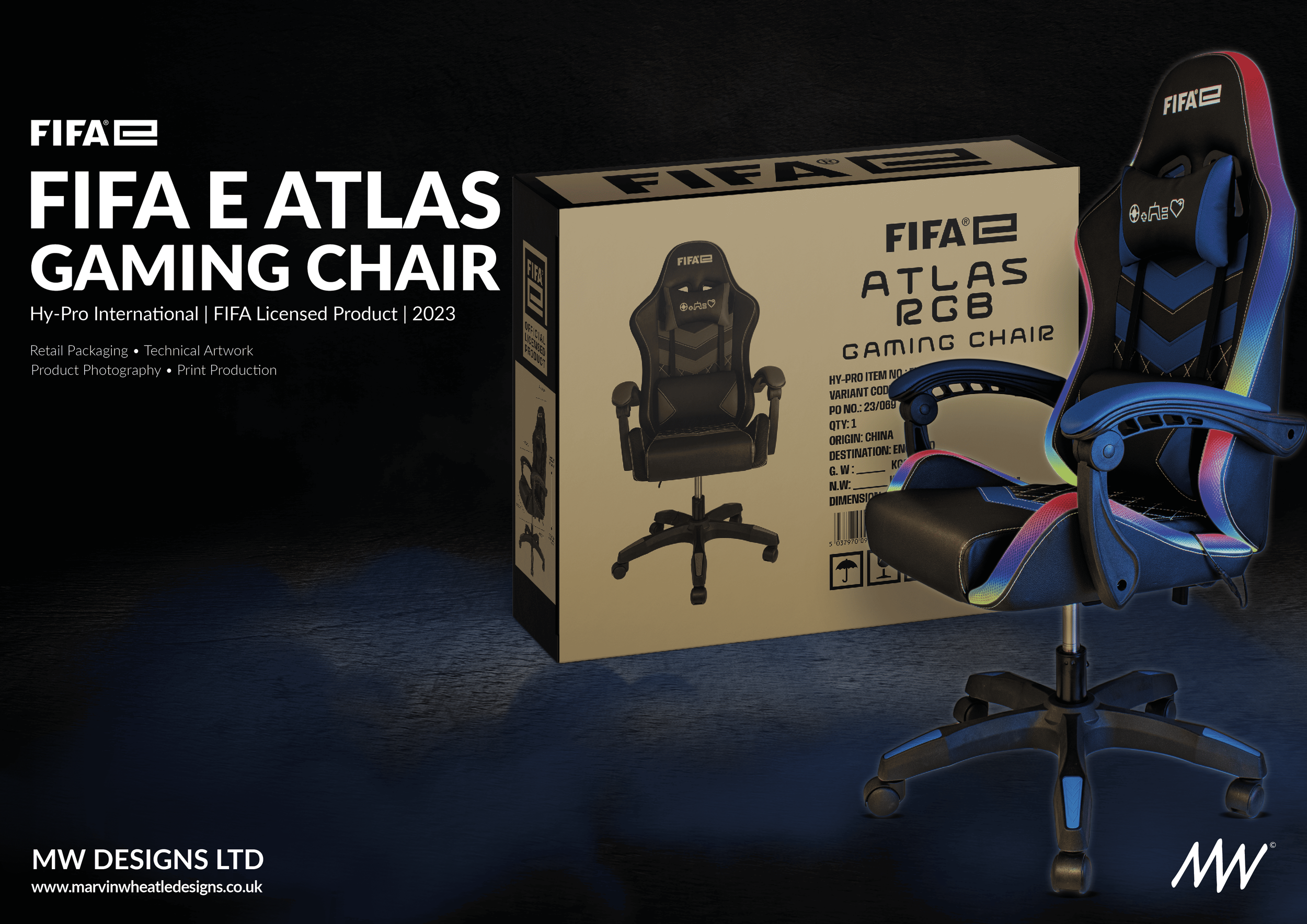 A FIFA branded gaming chair in black and blue with rainbow accents, positioned next to its packaging box, on a dark surface with a black background.