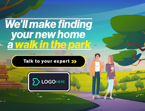 A park with two women walking, surrounded by trees and a pond, with promotional text about finding a new home and a button to talk to an expert.