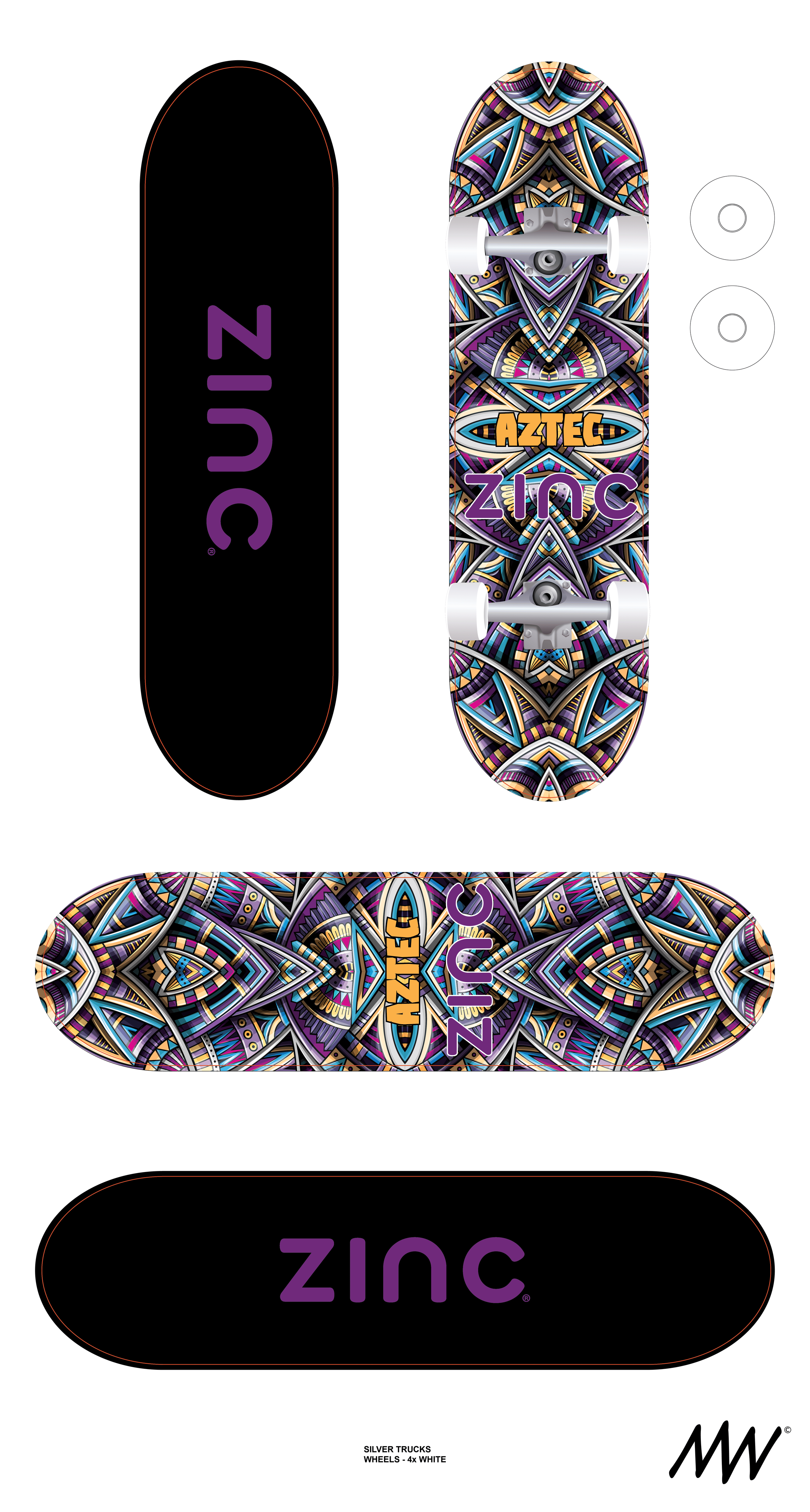 Skateboard deck with intricate geometric and tribal-inspired patterns in purple, blue, gold, and black, with the words 'AZTEC ZINC' on the top and bottom decks.
