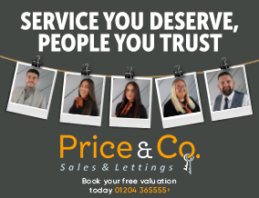 Banner with photos of five professionals and the text 'Service you deserve, people you trust'. Additional text promoting 'Price & Co., Sales & Lettings' and contact information for free valuation.
