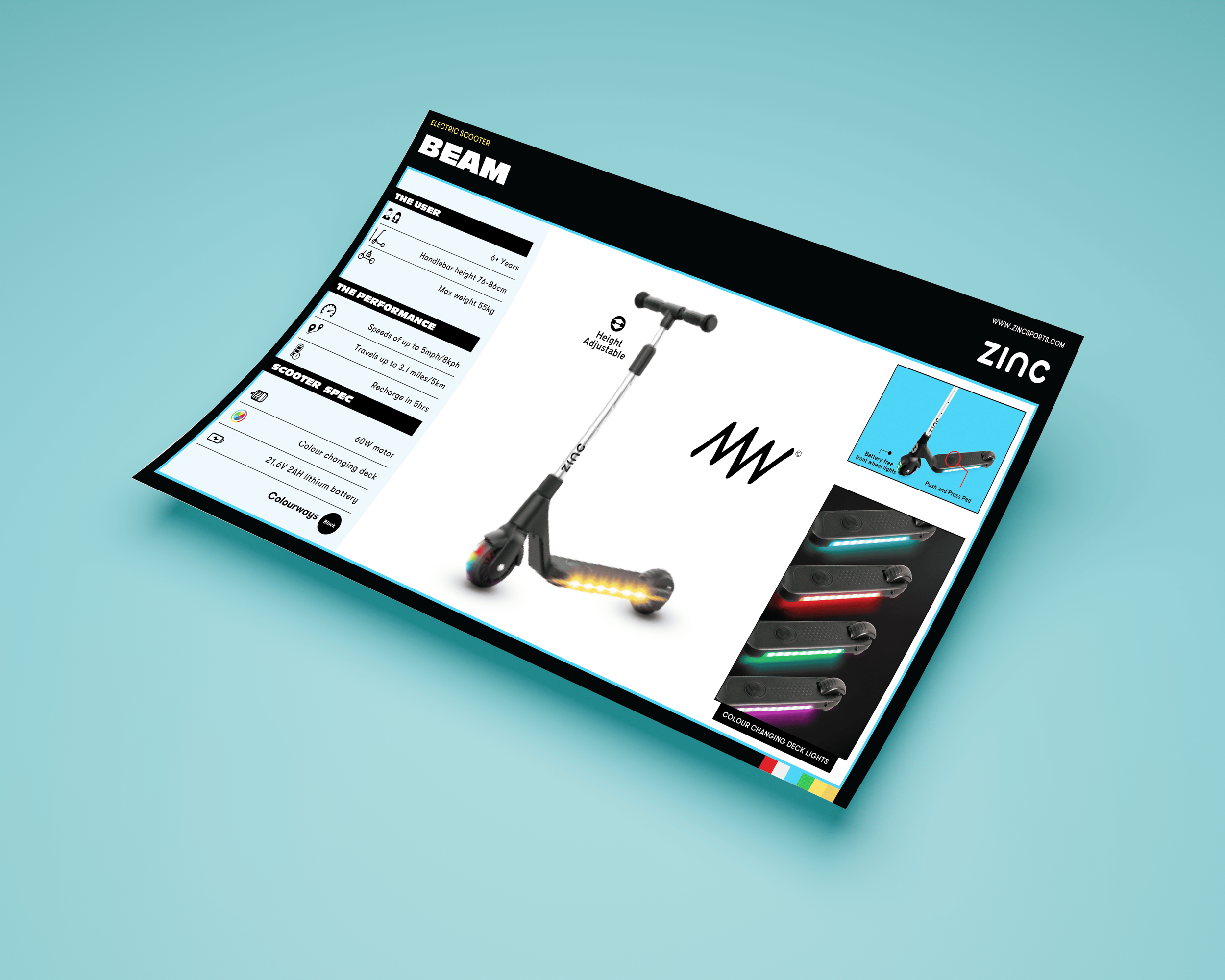 Packaging box for Zinc Beam electric scooter displaying product features, specifications, color-changing deck lights, and a photo of the scooter with adjustable height handlebar.