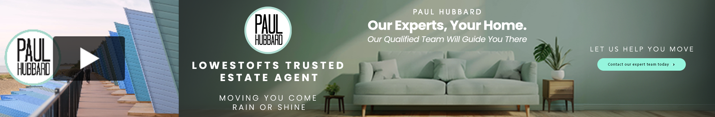 Website homepage for Paul Hubbard, a trusted estate agent. Features a green background with a white sofa, a small side table, and a plant. Text promoting home moving services with a call-to-action button to contact an expert team.