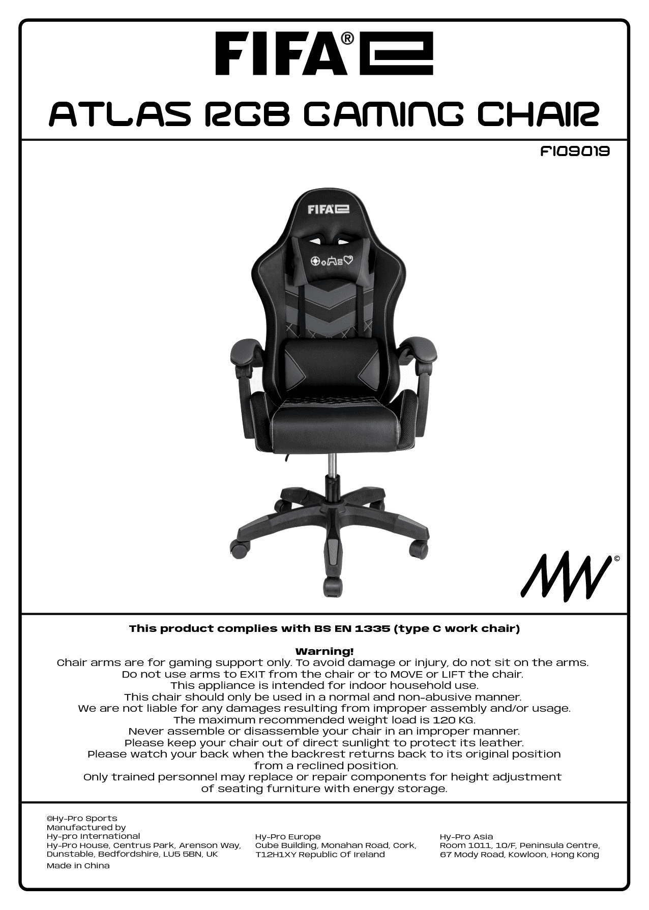 Product packaging for FIFA 2 Atlas RGB Gaming Chair, black gaming chair with side armrests, high backrest with FIFA 2 logo, adjustable height, and cushioned seat.