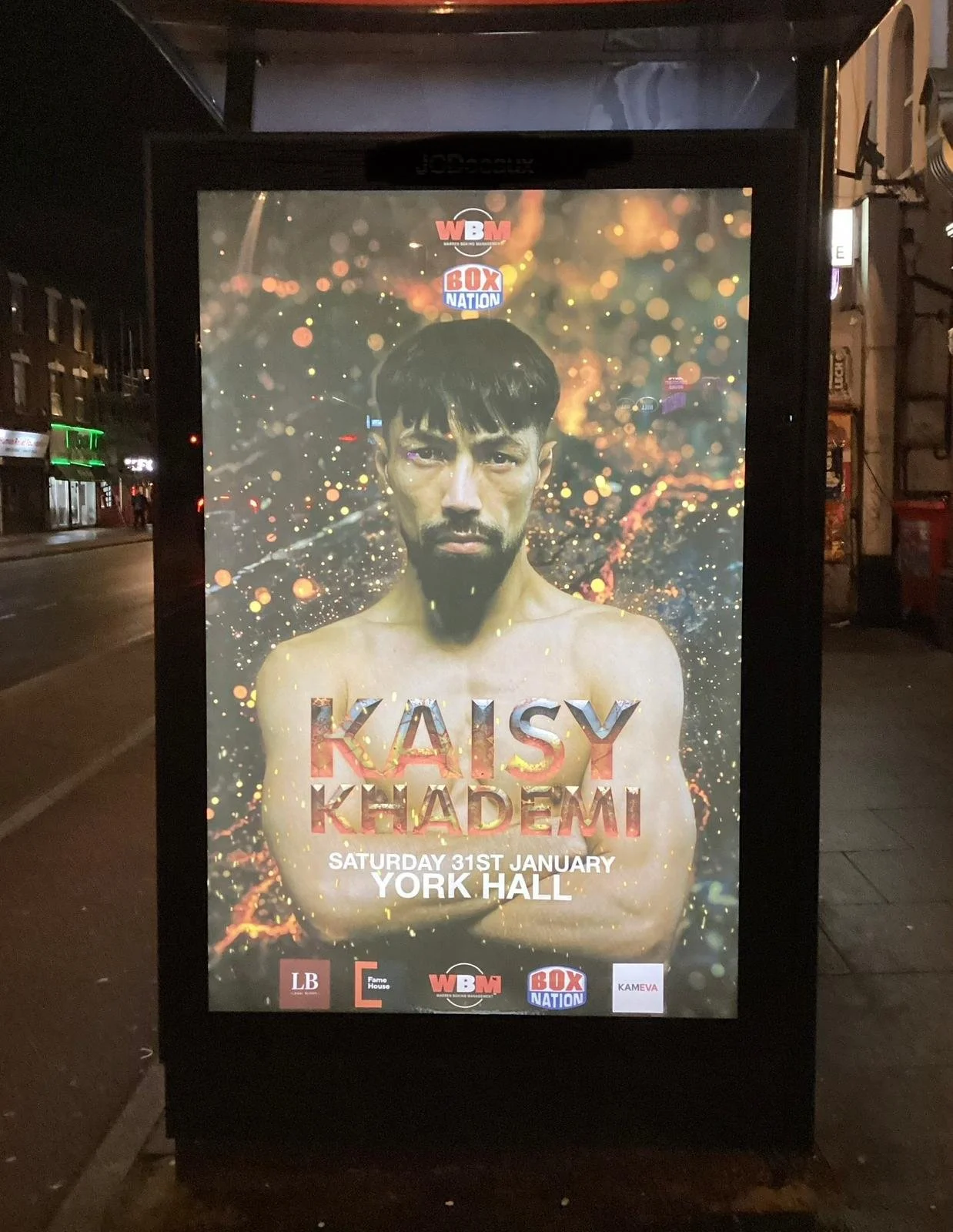Poster advertising a boxing event featuring Kaisy Khademi, scheduled for Saturday, January 31st at York Hall, with logos of sponsors WBK, Box Nation, and others.