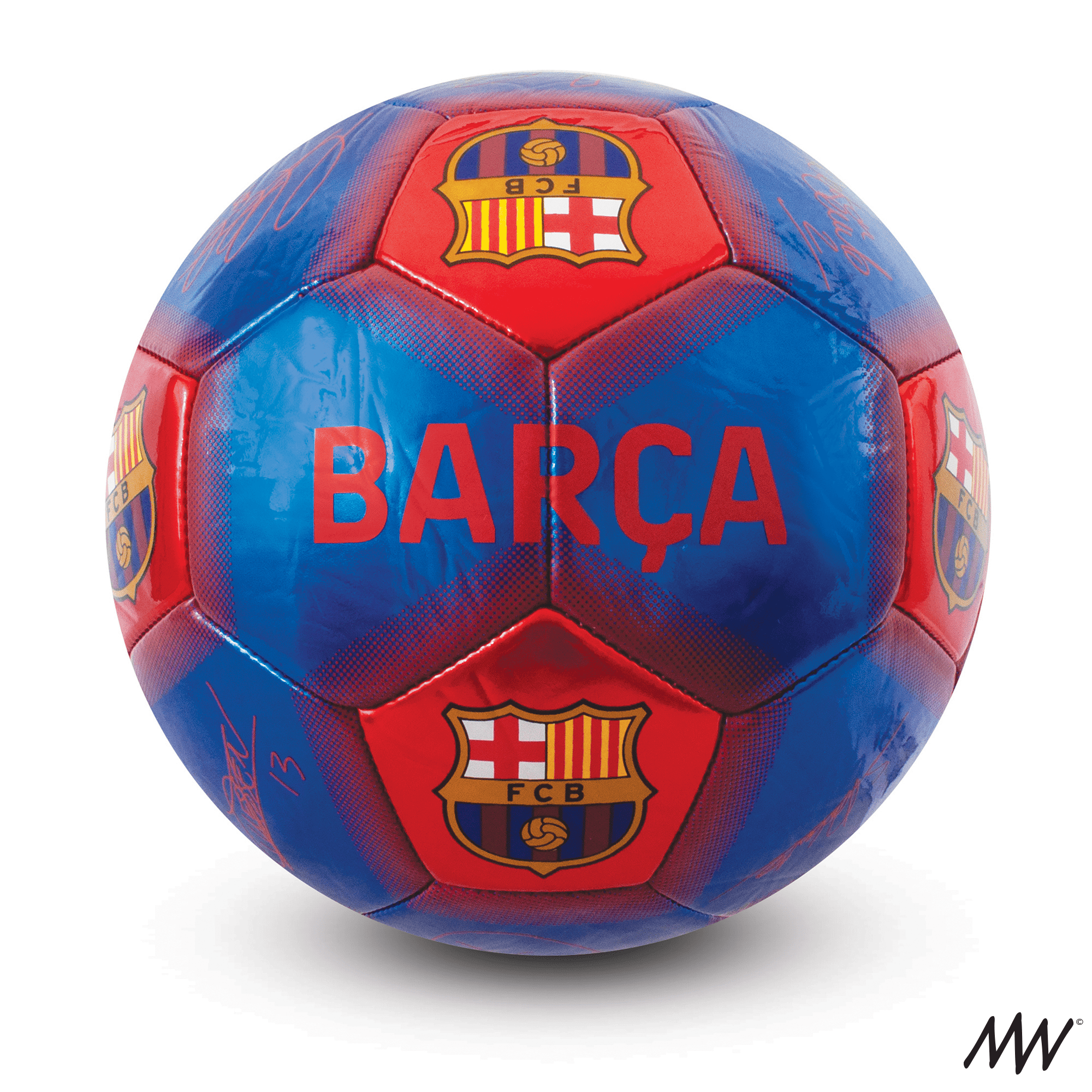 A soccer ball with blue and red panels, featuring the FC Barcelona crest, the word 'BARÇA' in red, and autographs.