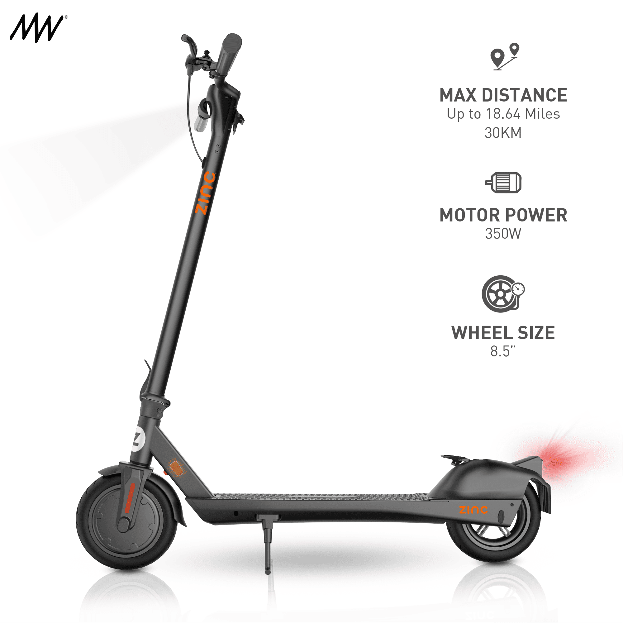 Image of a Zine electric scooter with specifications: max distance up to 18.64 miles (30 km), motor power 350 watts, and wheel size 8.5 inches.