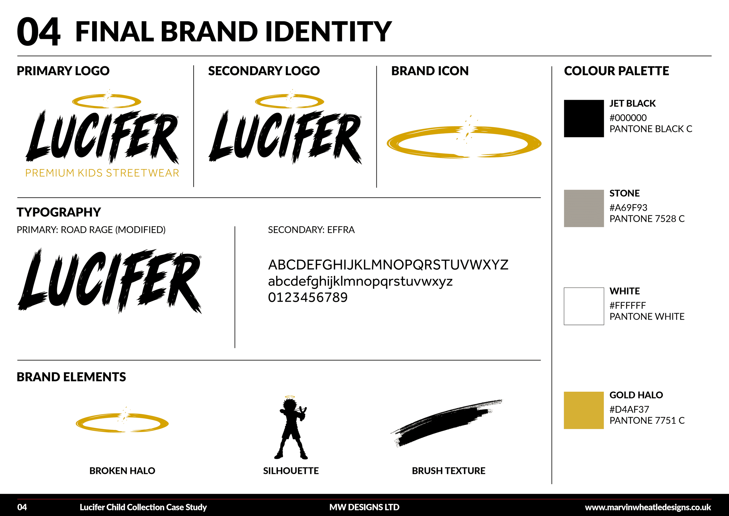 Design board showing final brand identity elements for Lucifer, including primary and secondary logos, brand icon, color palette, typography, brand elements, and textures. The logos feature a horror style font with a gold halo above the name, and the color palette includes black, gray, and gold. The board also displays a silhouette of a child and a brush texture.