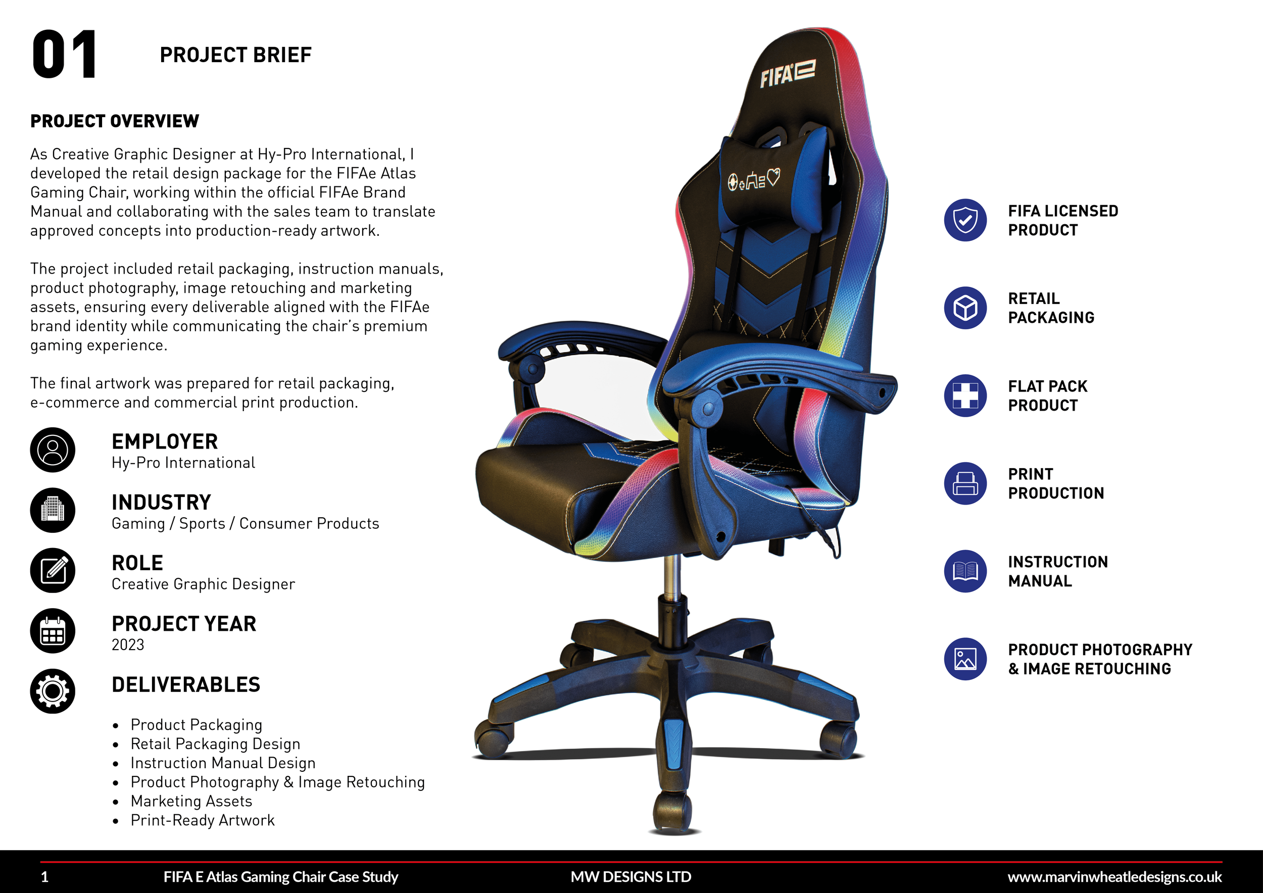 A gaming chair designed for FIFA Atlas project. The chair features a black base with blue, rainbow-colored accents, and the FIFA logo at the top. It includes armrests, a high backrest, and a sturdy base with wheels.