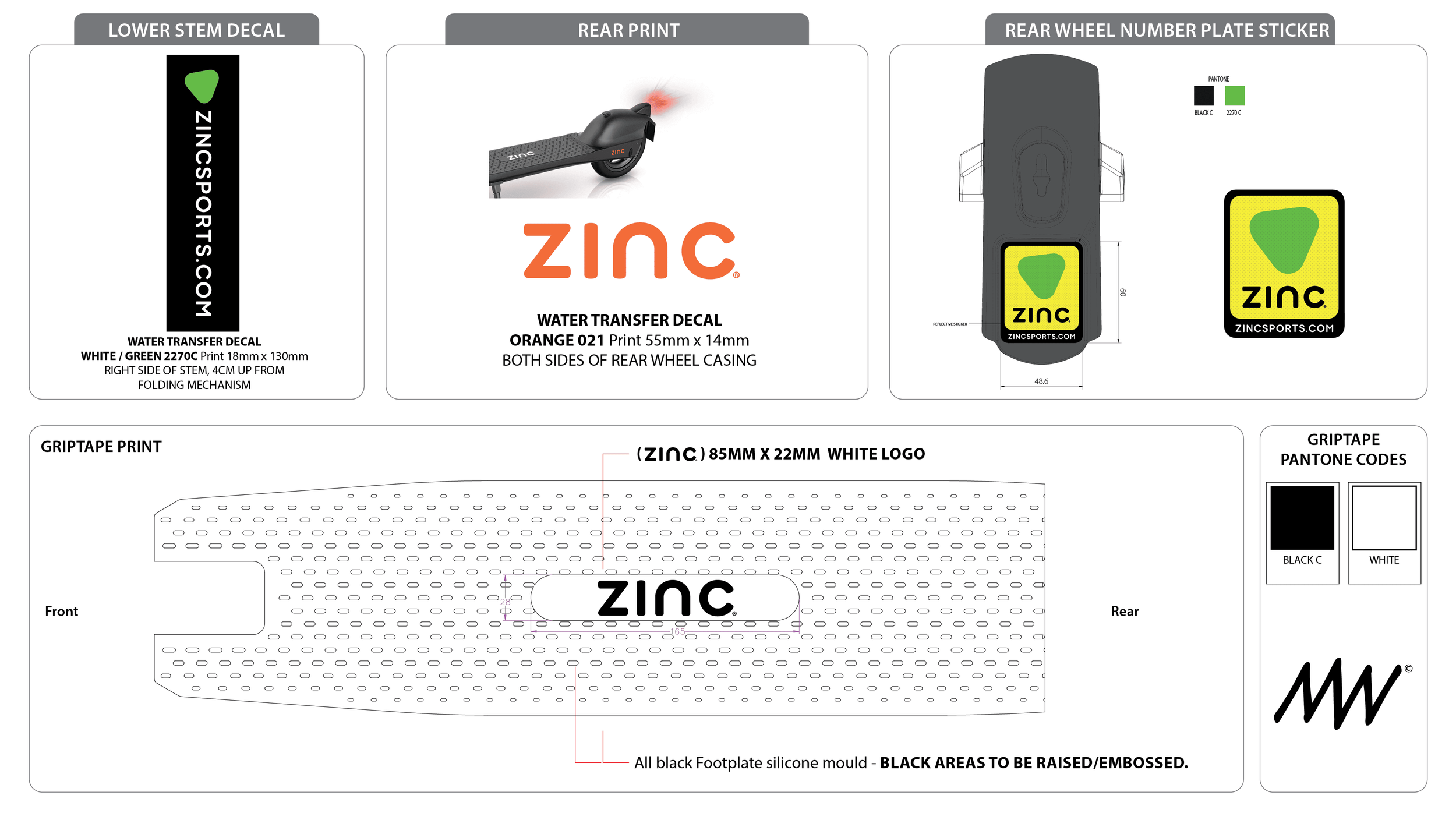 Technical design schematic for a water transfer decal, rear print, and rear wheel number plate sticker for a ZINC sports product. The schematic includes measurements, branding, and color specifications for each component.