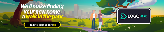 Illustration of two people walking in a park with trees and a city skyline in the background, promoting home finding services with text and a logo placeholder.