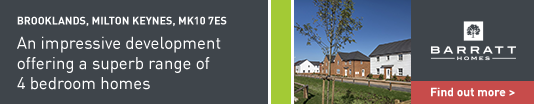 Advertisement for Barrett Homes features a neighborhood with modern houses, green lawns, and trees, promoting 4-bedroom homes in Brooklands, Milton Keynes.