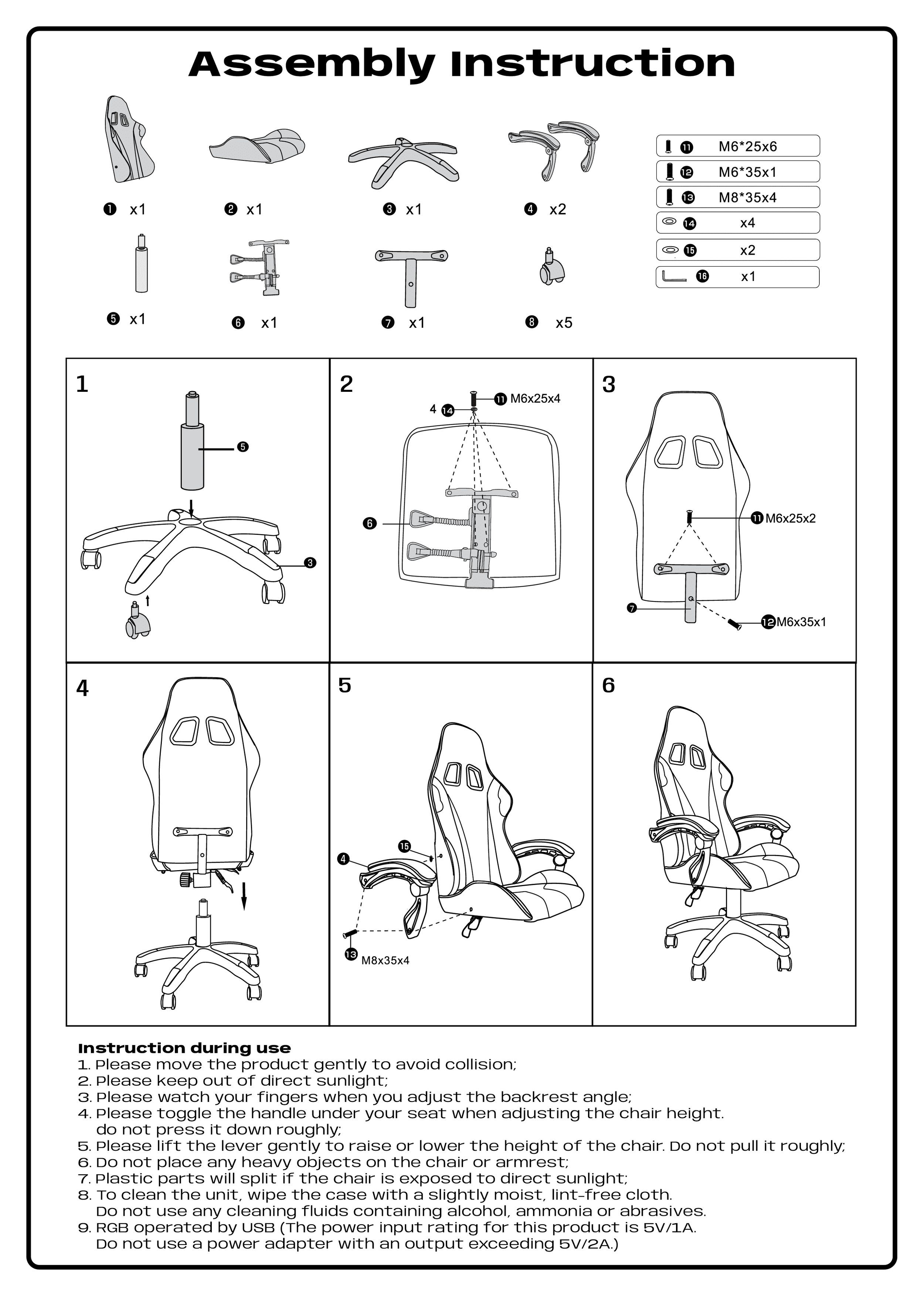 Assembly instructions for a chair, showing parts and step-by-step assembly steps with screws and tools.