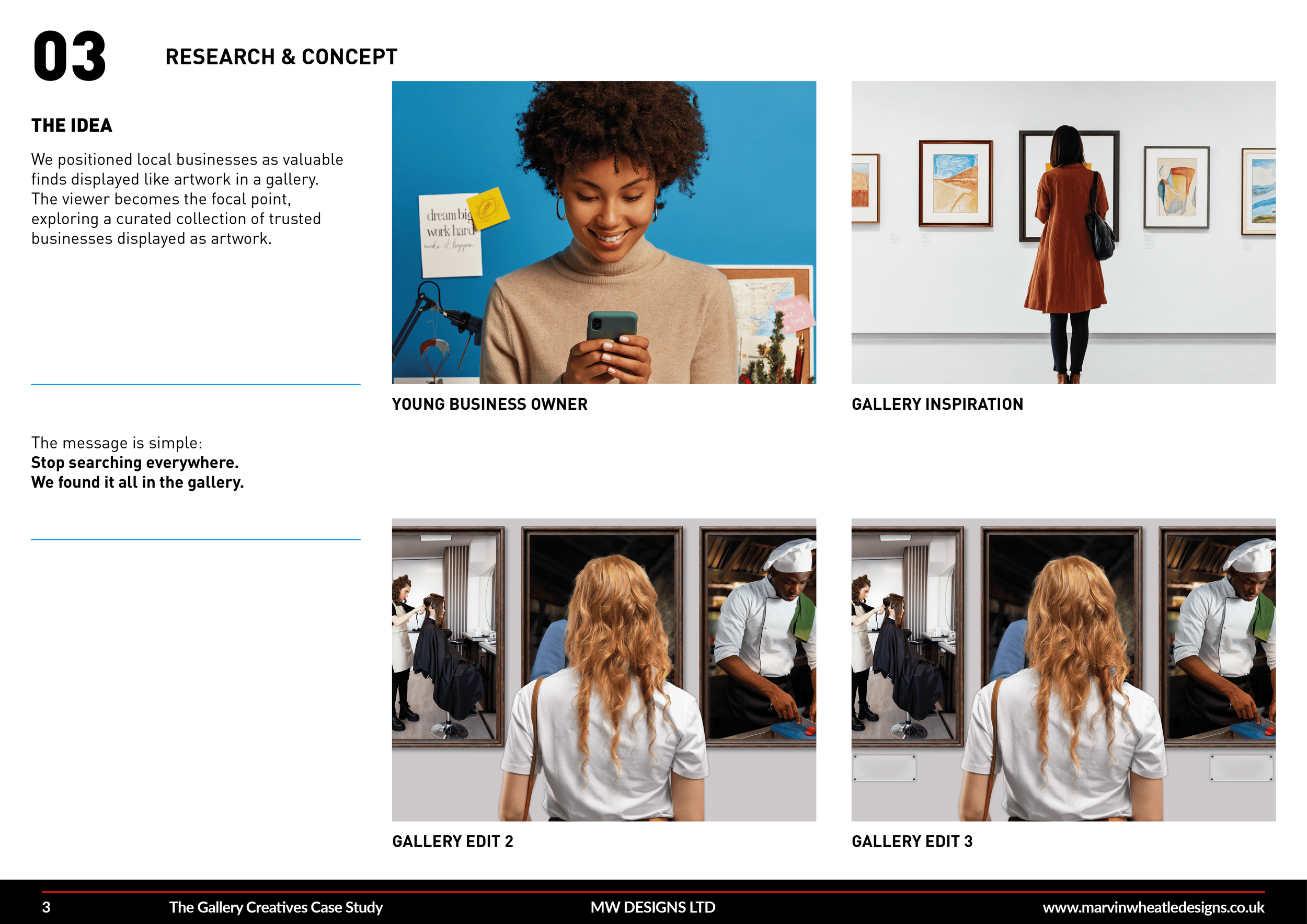 A collage of images displaying an art gallery scene, including a woman with curly hair viewing artwork and a woman with long hair observing paintings in a gallery, with smaller photos of people working on or editing art exhibits.