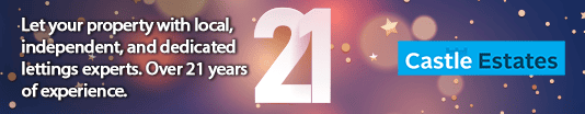 Advertisement for Castle Estates featuring a large number 21, with a background of stars and a moon, promoting local lettings experts with over 21 years of experience.