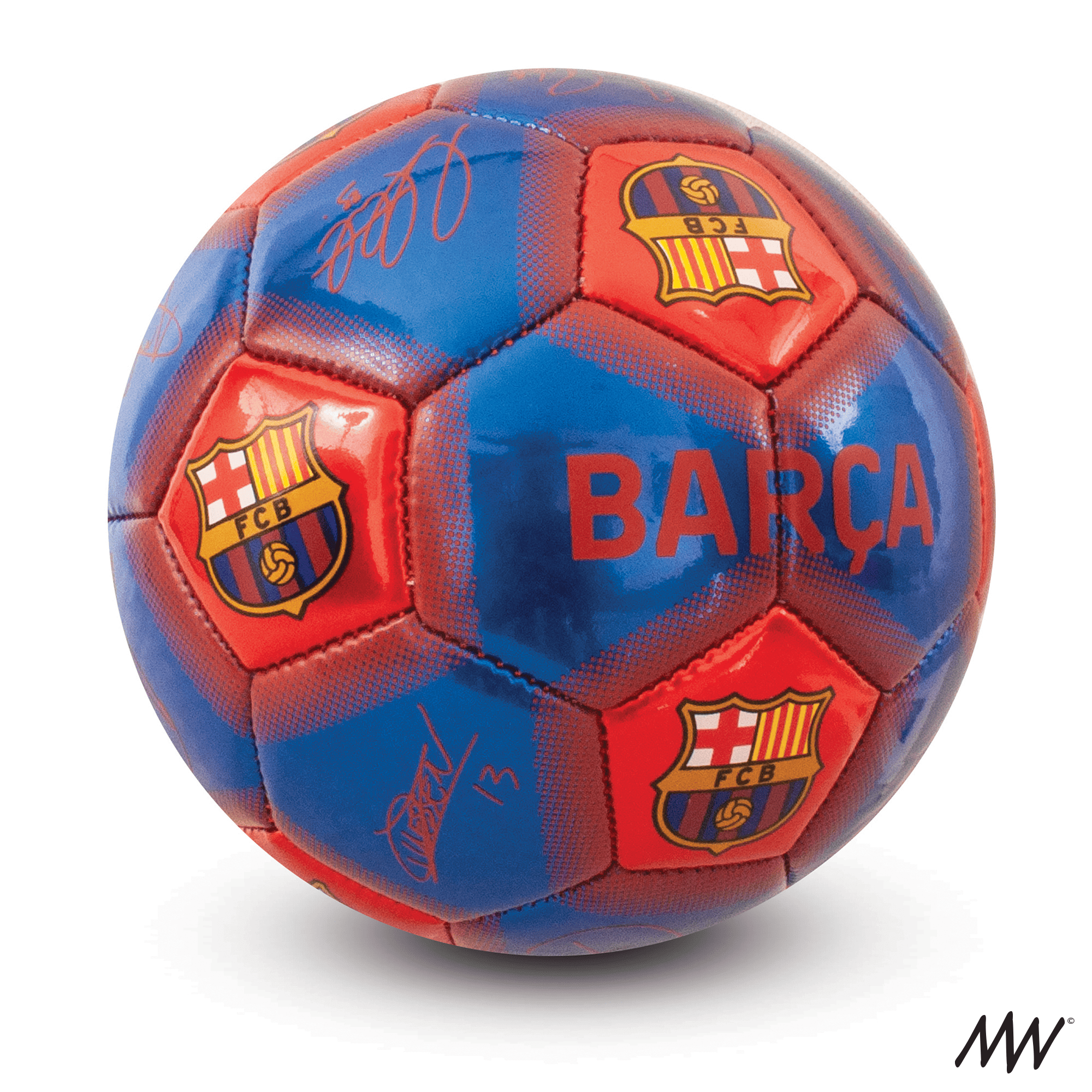 A Barcelona football signed soccer ball with red and blue panels, featuring the club crest, the word 'BARÇA', and a signature.